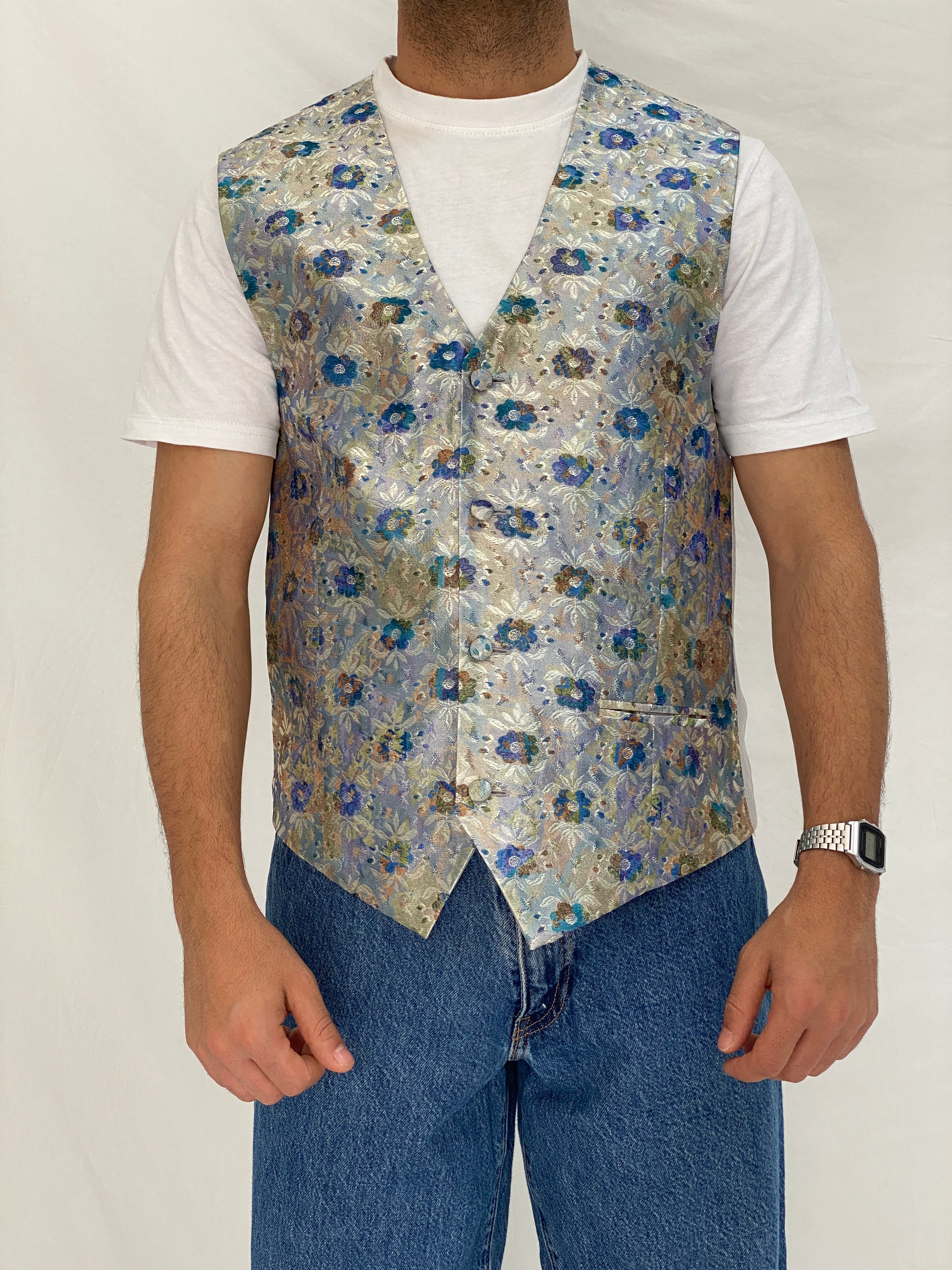 Vintage Anne Surkamp-Kramer Floral Vest Silver Blue Metallic Waistcoat Vest - M