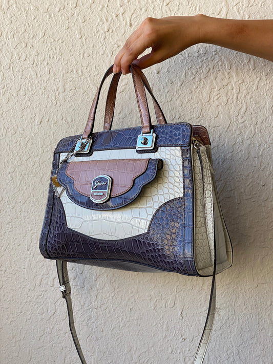 GUESS Croc-Embossed Tri-Color Satchel Handbag with Crossbody Strap