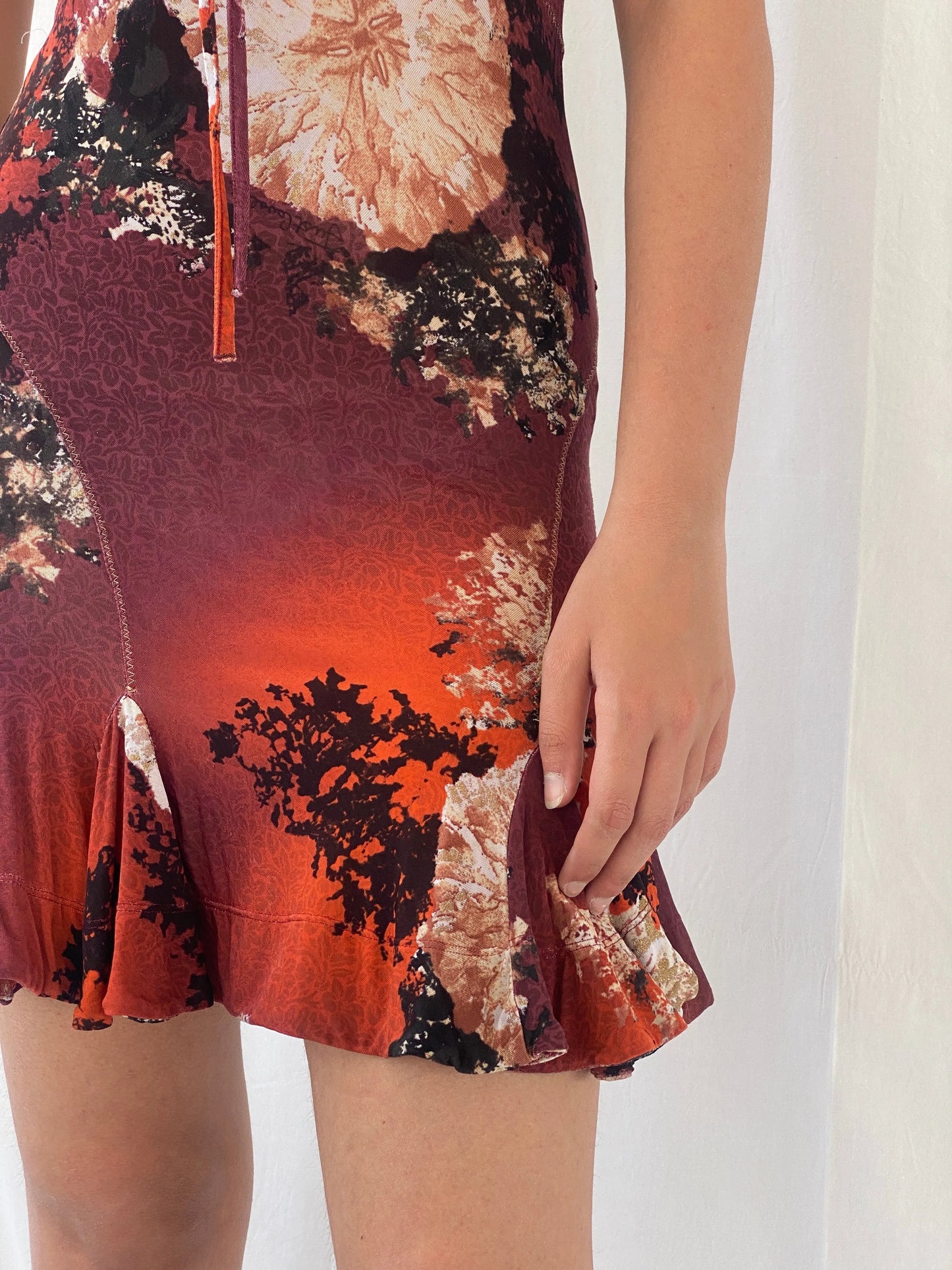 2000s Y2K Just Cavalli by Roberto Cavalli Orange Purple Floral Ruffled Neckline Short Dress - S - Balagan Vintage Mini Dress 00s, 00s dress, Celine, dress, just cavalli, Mini Dress, rare find, rare vintage, roberto cavalli, Y2K dress