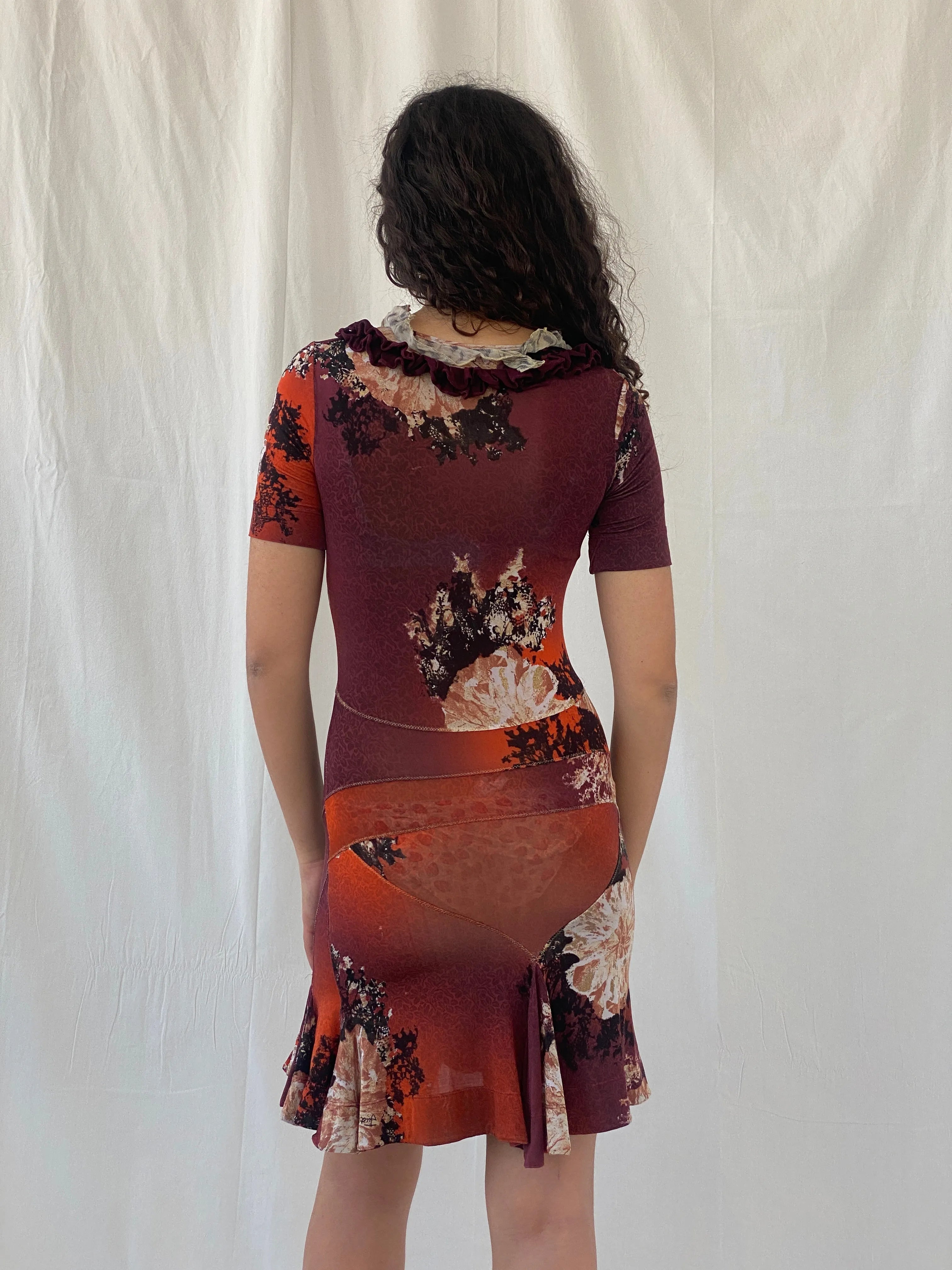 2000s Y2K Just Cavalli by Roberto Cavalli Orange Purple Floral Ruffled Neckline Short Dress - S - Balagan Vintage Mini Dress 00s, 00s dress, Celine, dress, just cavalli, Mini Dress, rare find, rare vintage, roberto cavalli, Y2K dress