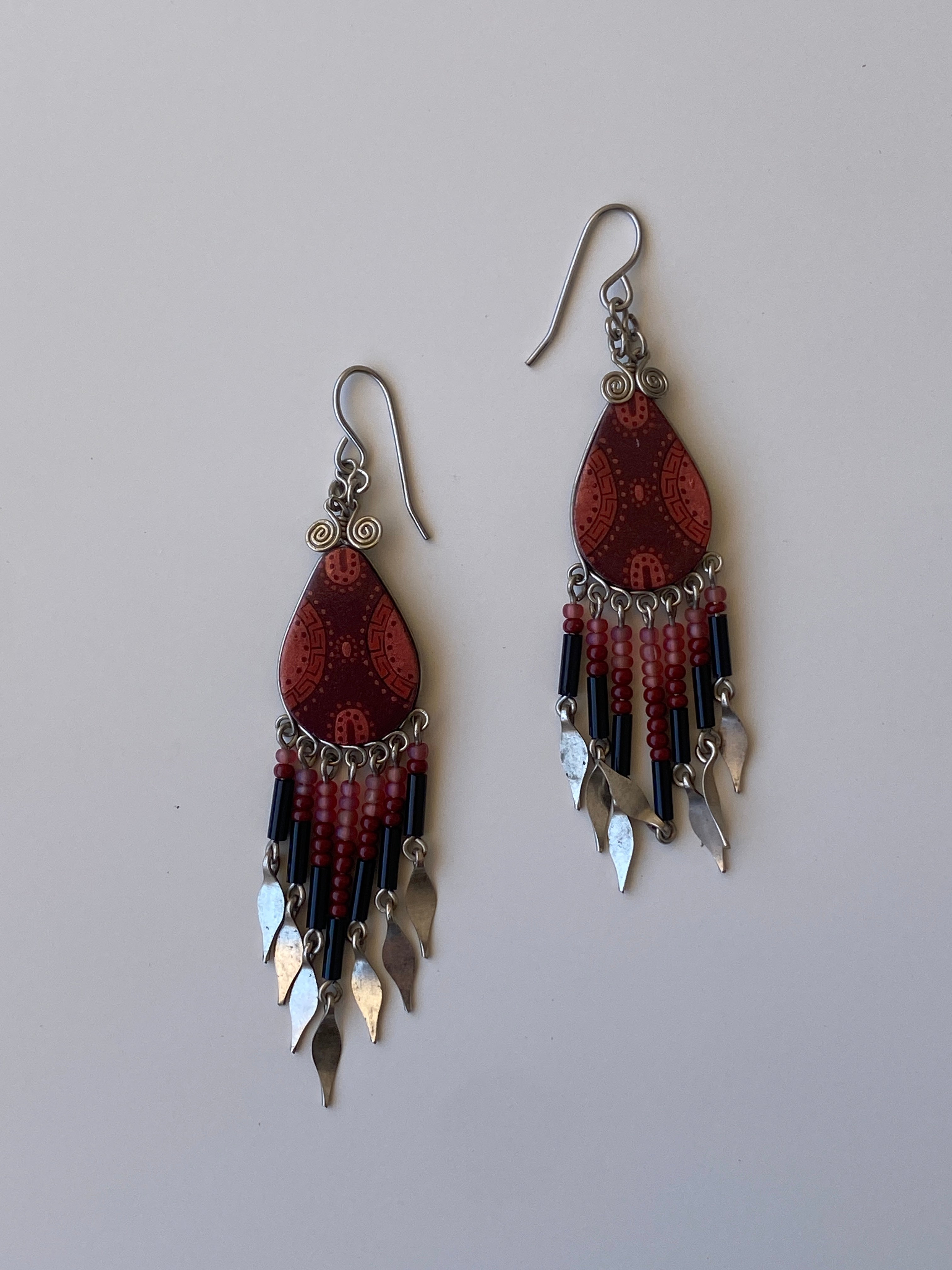 Vintage Boho Beaded Fringe Drop Earrings Tribal Inspired Red & Black Statement Earrings