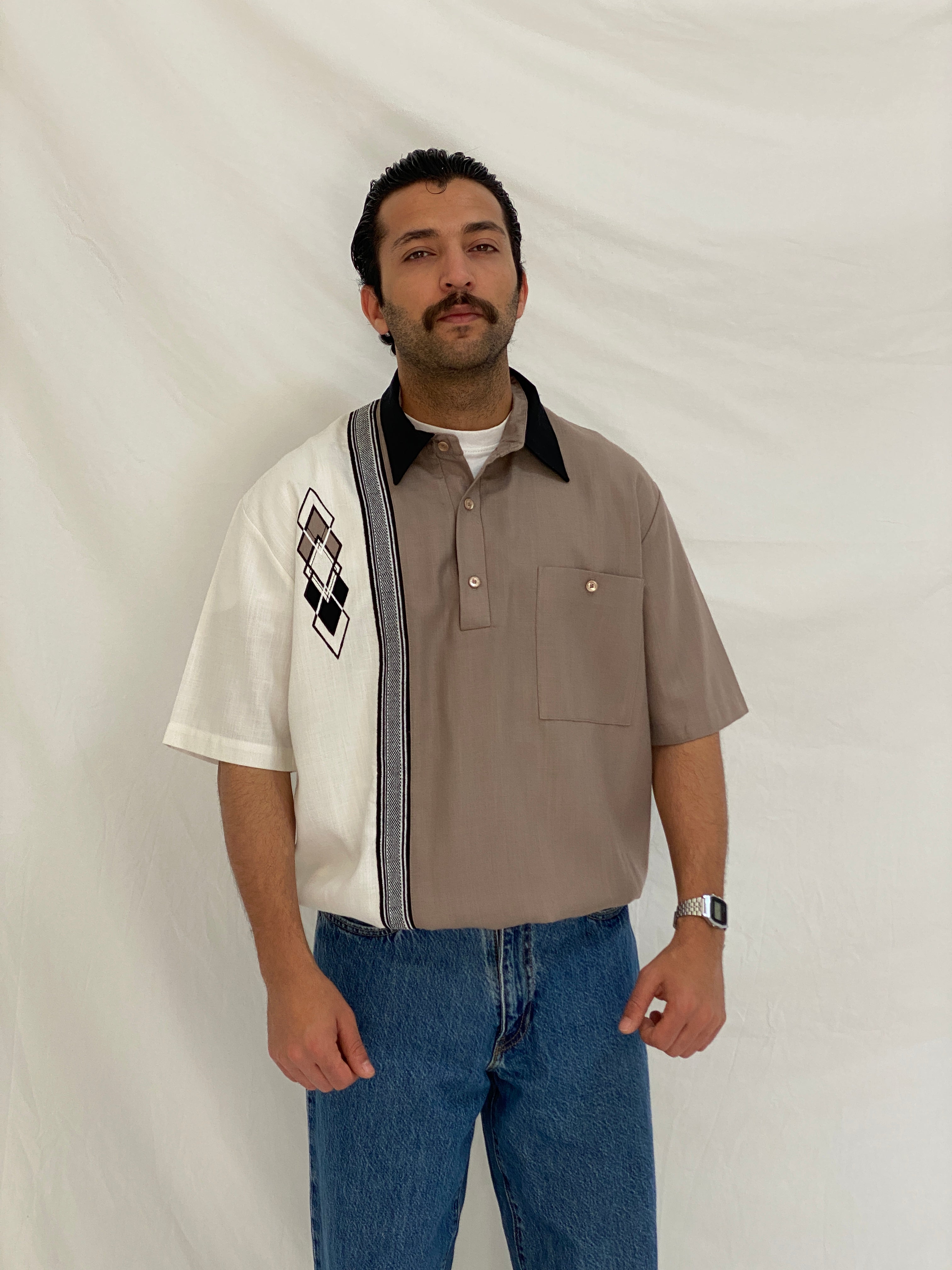 Vintage 90s Alan Stuart Color Block Bowling Shirt Beige Cream Retro Cuban Top - L