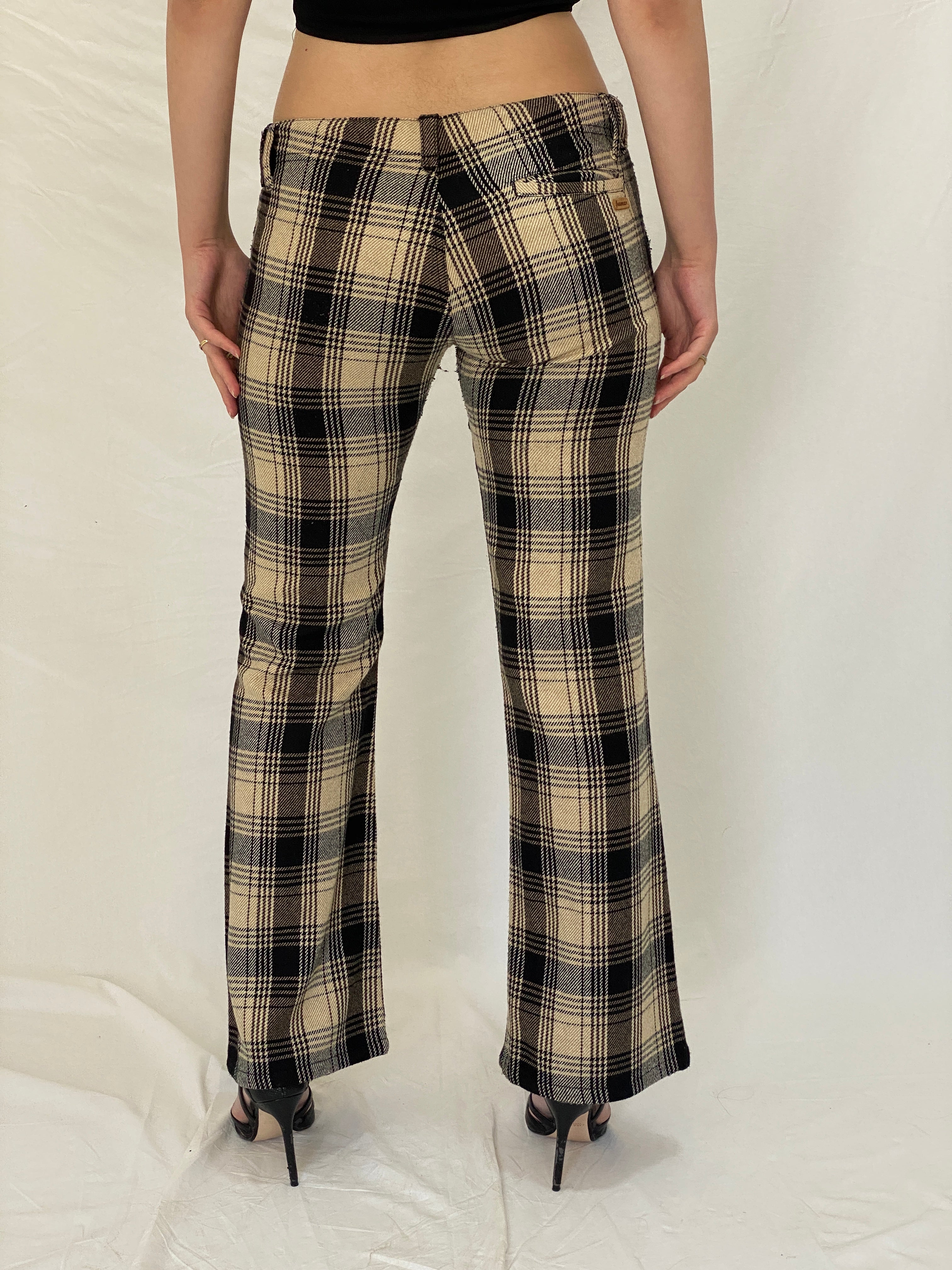 Vintage Y2K Freeman T. Porter Beige & Black Plaid Low Rise Flare Pants - M