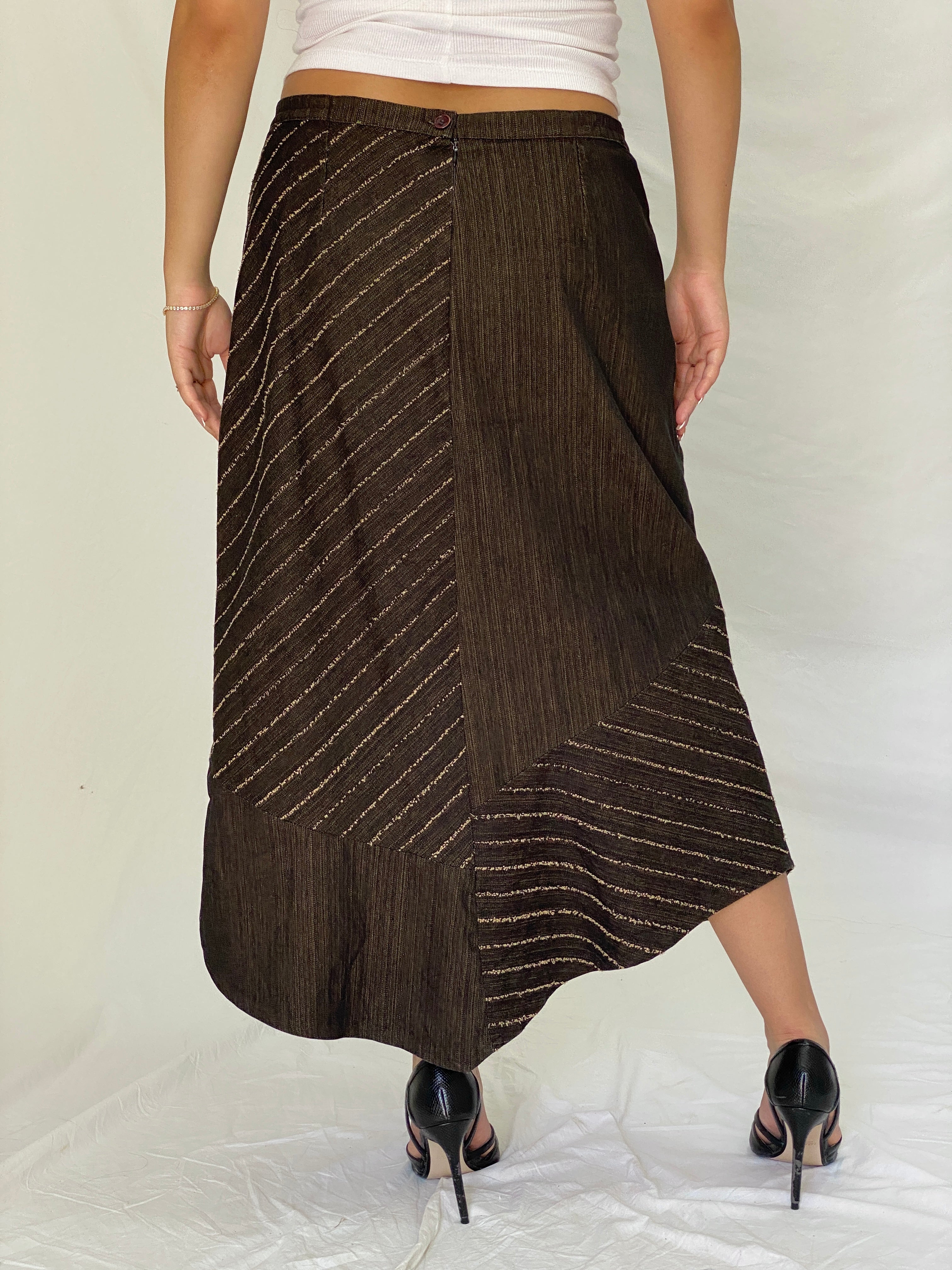 Vintage ISHWAR Brown Patchwork Midi Floral Embroidered Boho Skirt - XL