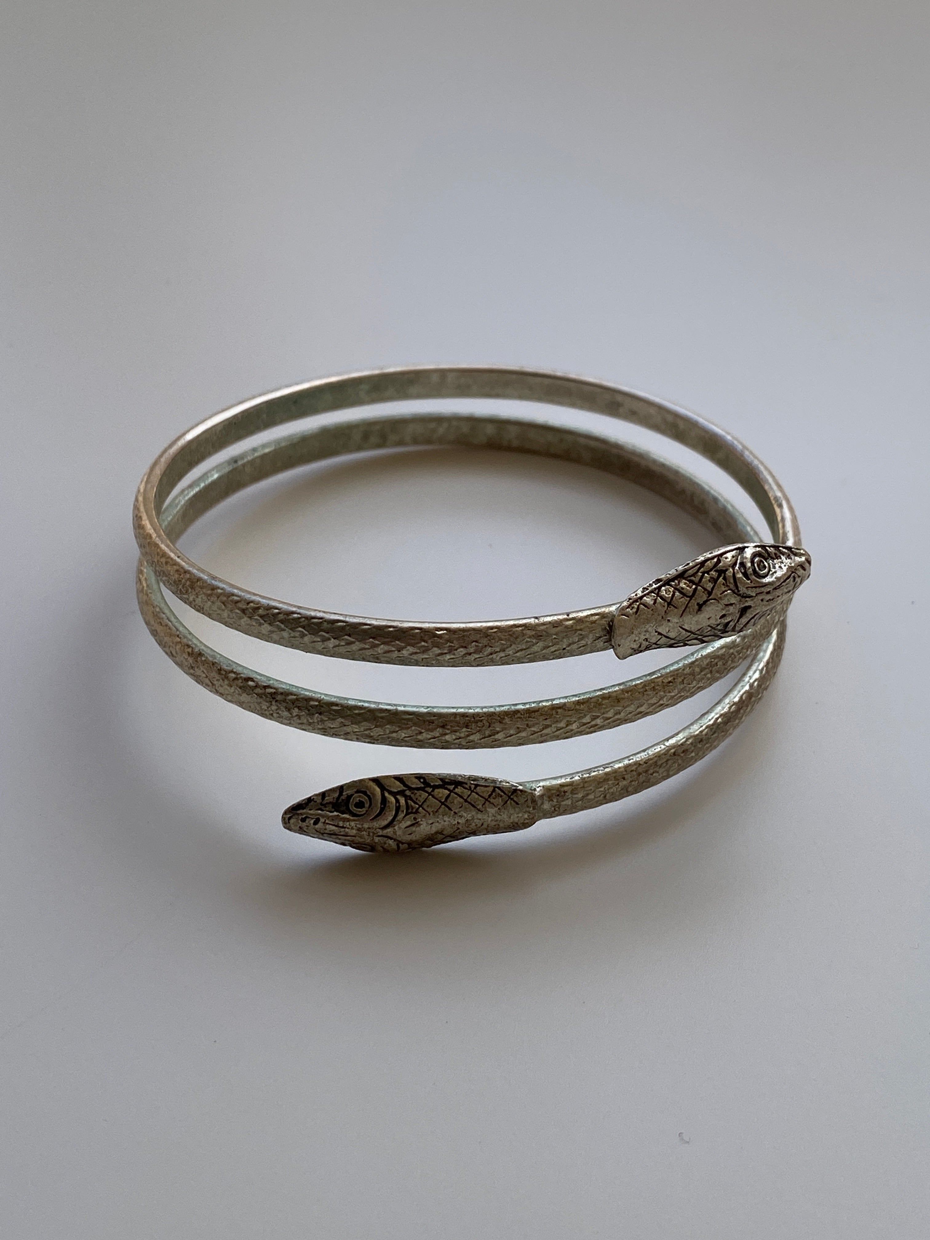 Vintage Silver Tone Double Snake Head Coil Wrap Bracelet Serpent Cuff