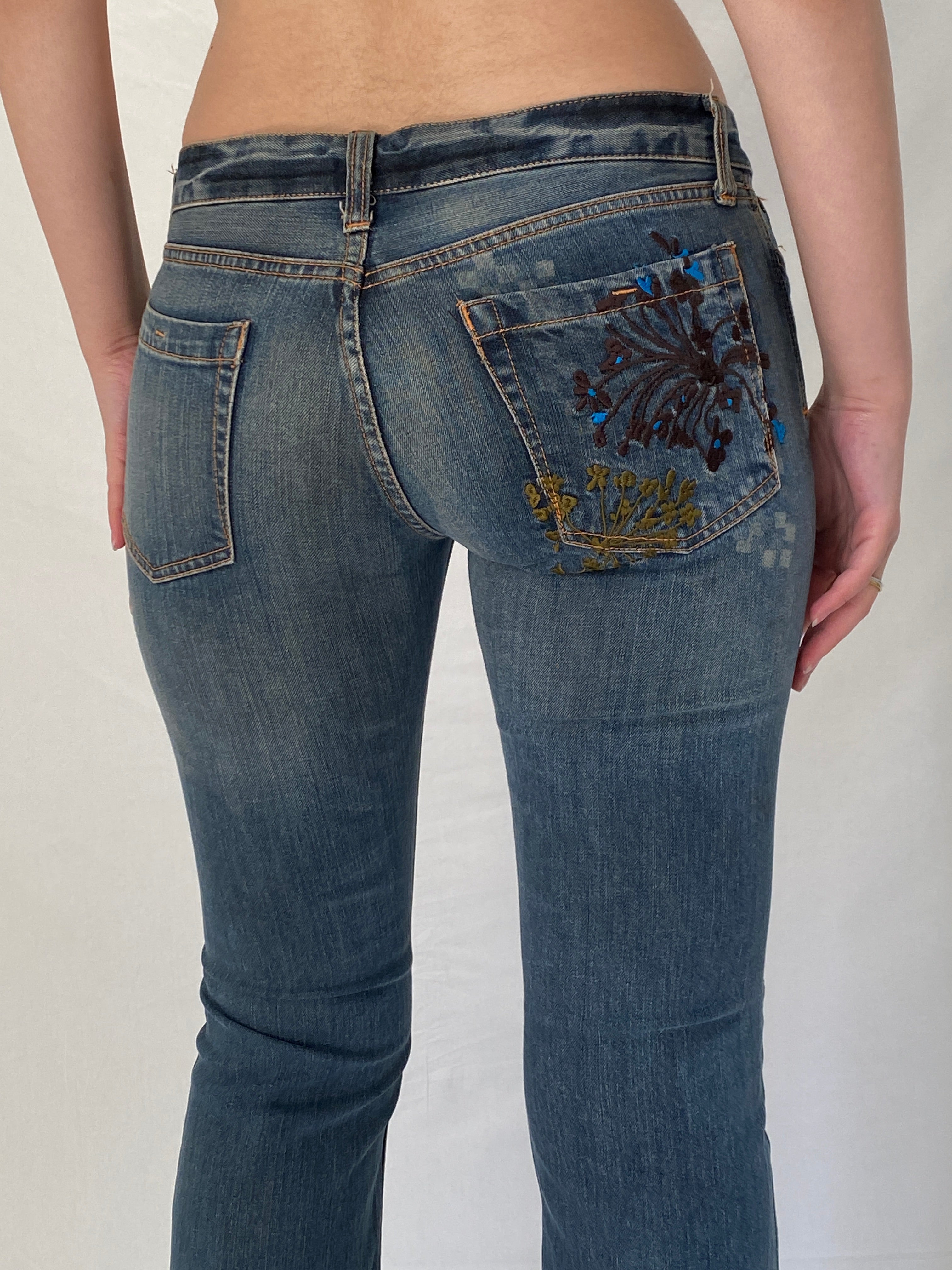 Vintage Y2K Vans Low Rise Flare Jeans Blue Embroidered Pocket Denim - 38EUR