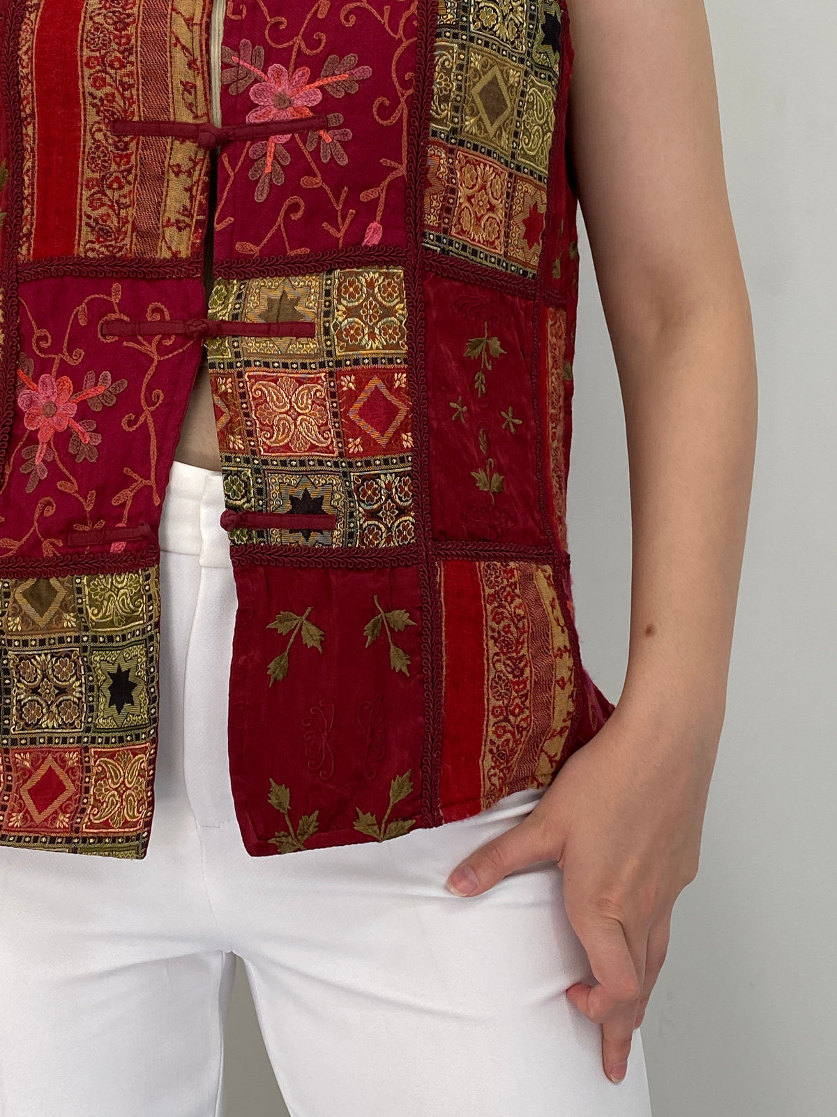 Vintage 90s Coldwater Creek Burgundy Patchwork Embroidered Vest - M