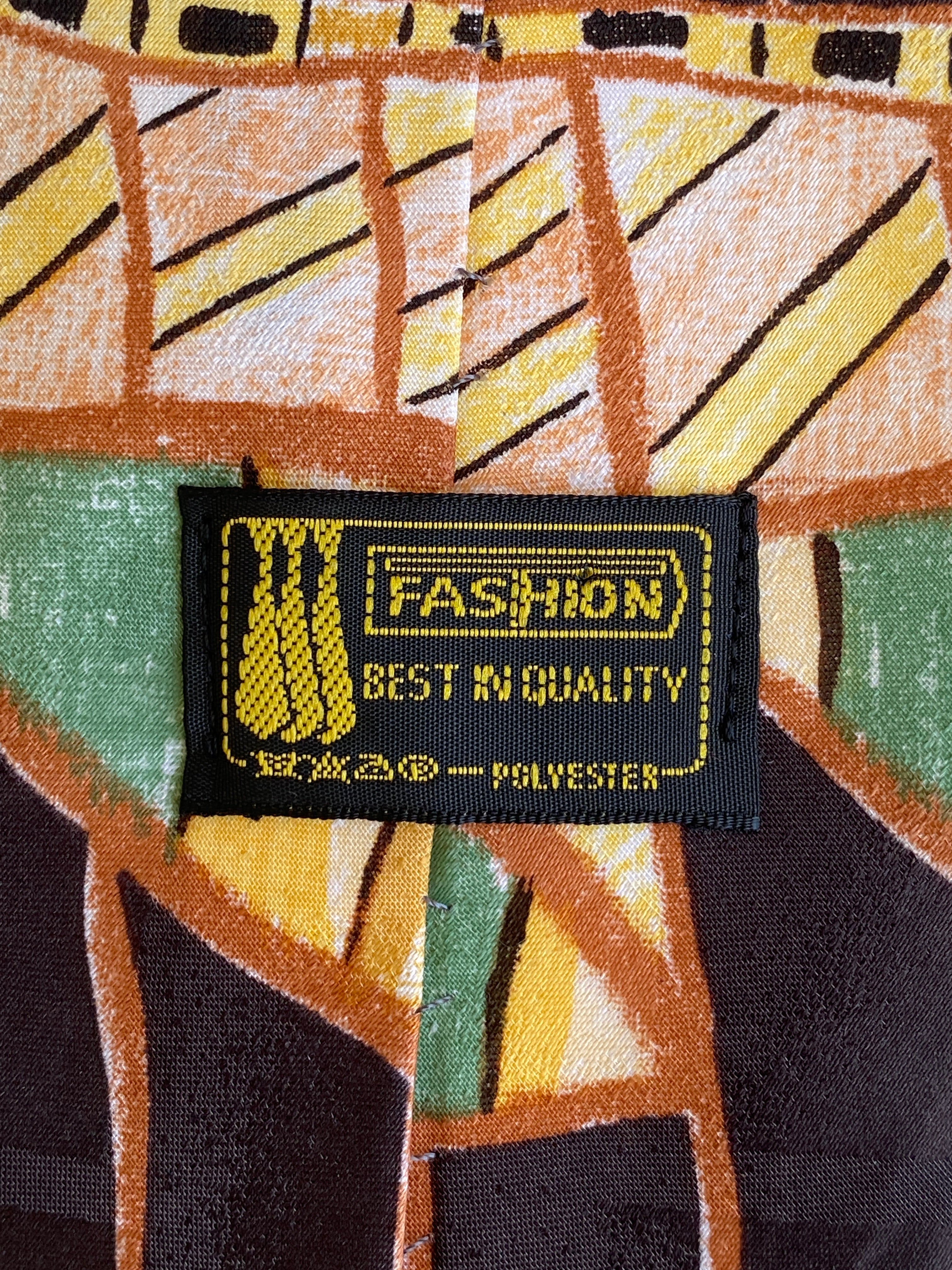 Vintage 90s T Fashion Brown Green Abstract Geometric Wide Necktie