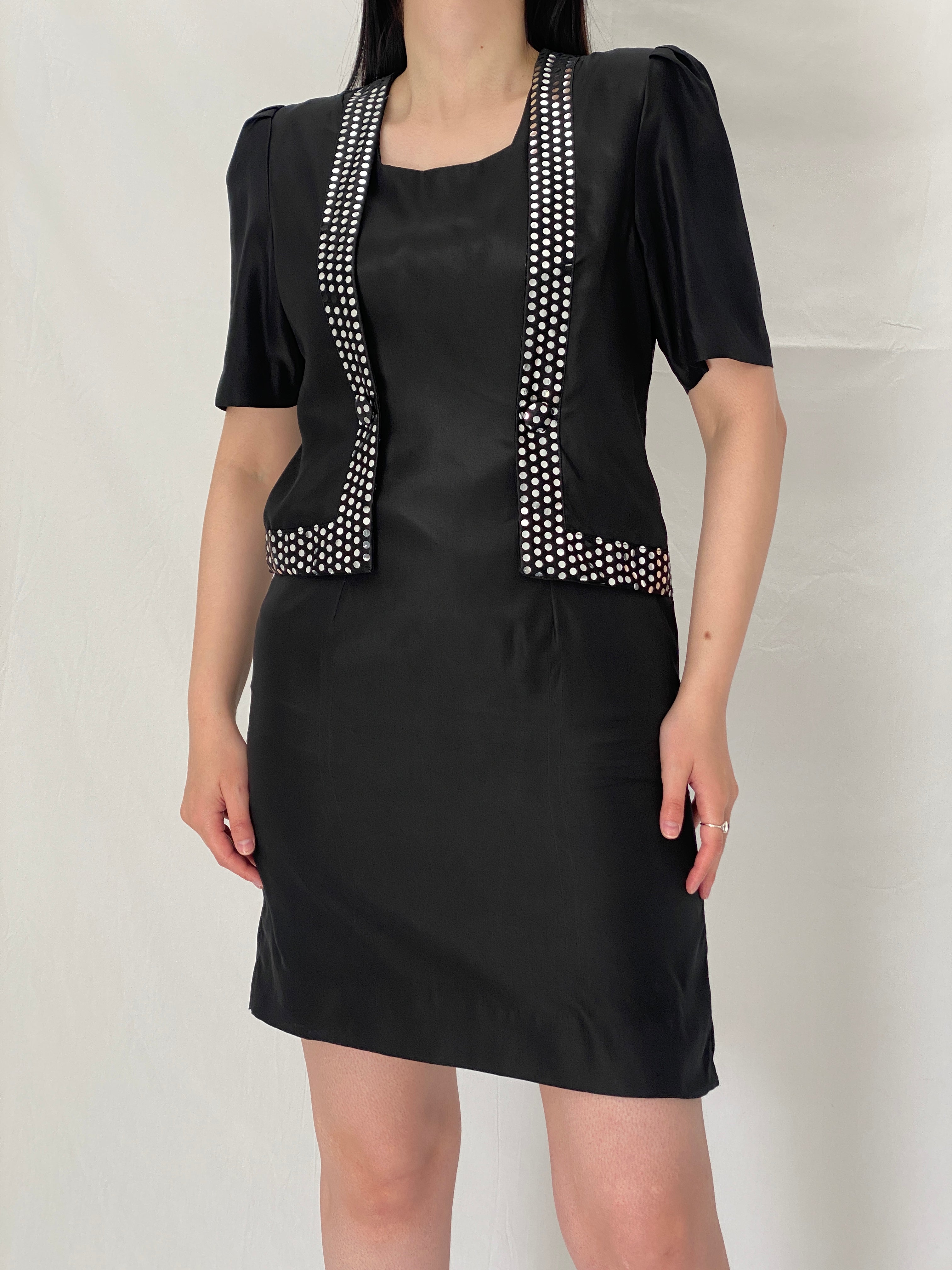Vintage 90s Black Minimalist Shift Dress with Polka Dot Trim Detail - S