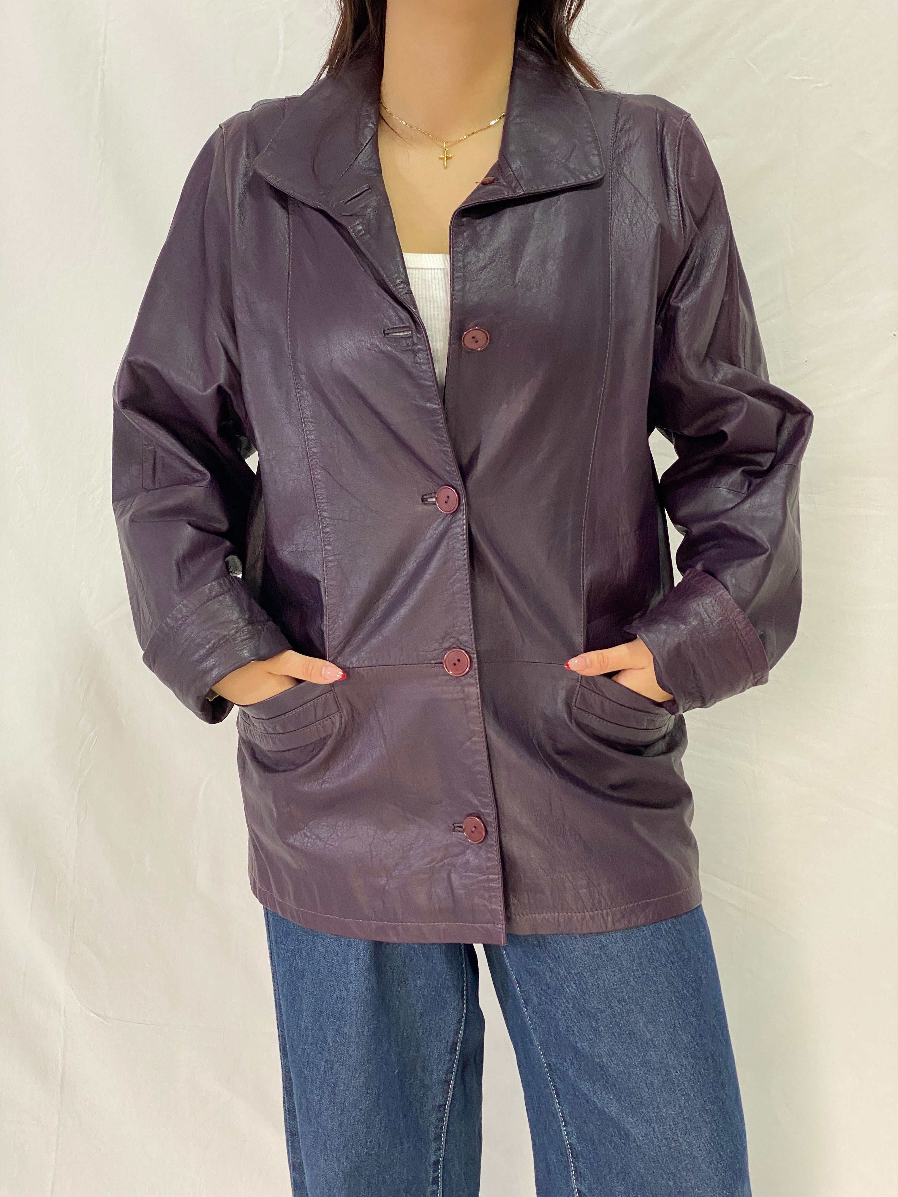 Vintage PER ME Purple Genuine Leather Jacket Italian Tailored Button-Up Leather Coat - L