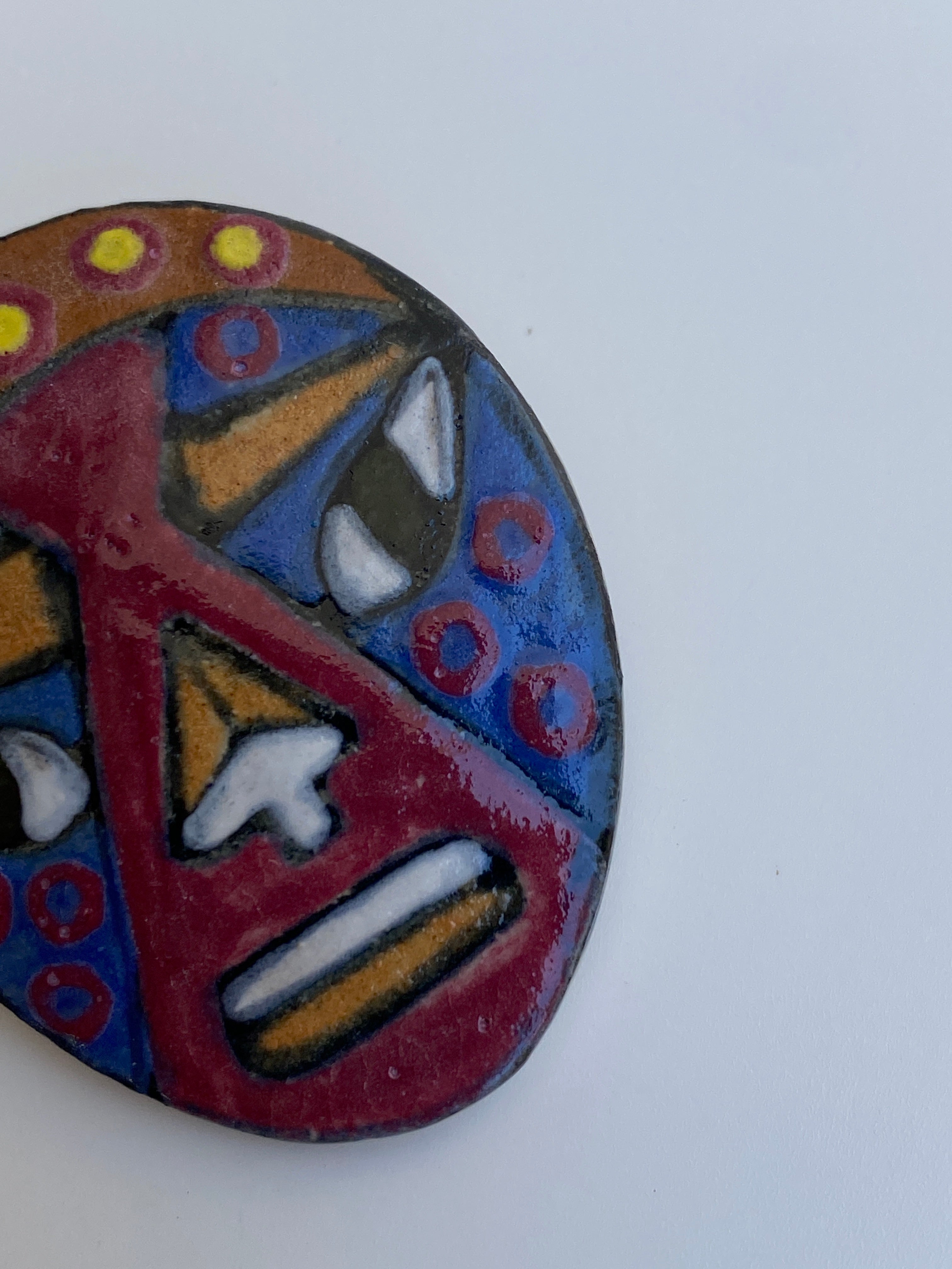 Vintage Hand-Painted Ceramic Tribal Face Brooch by MV Blake