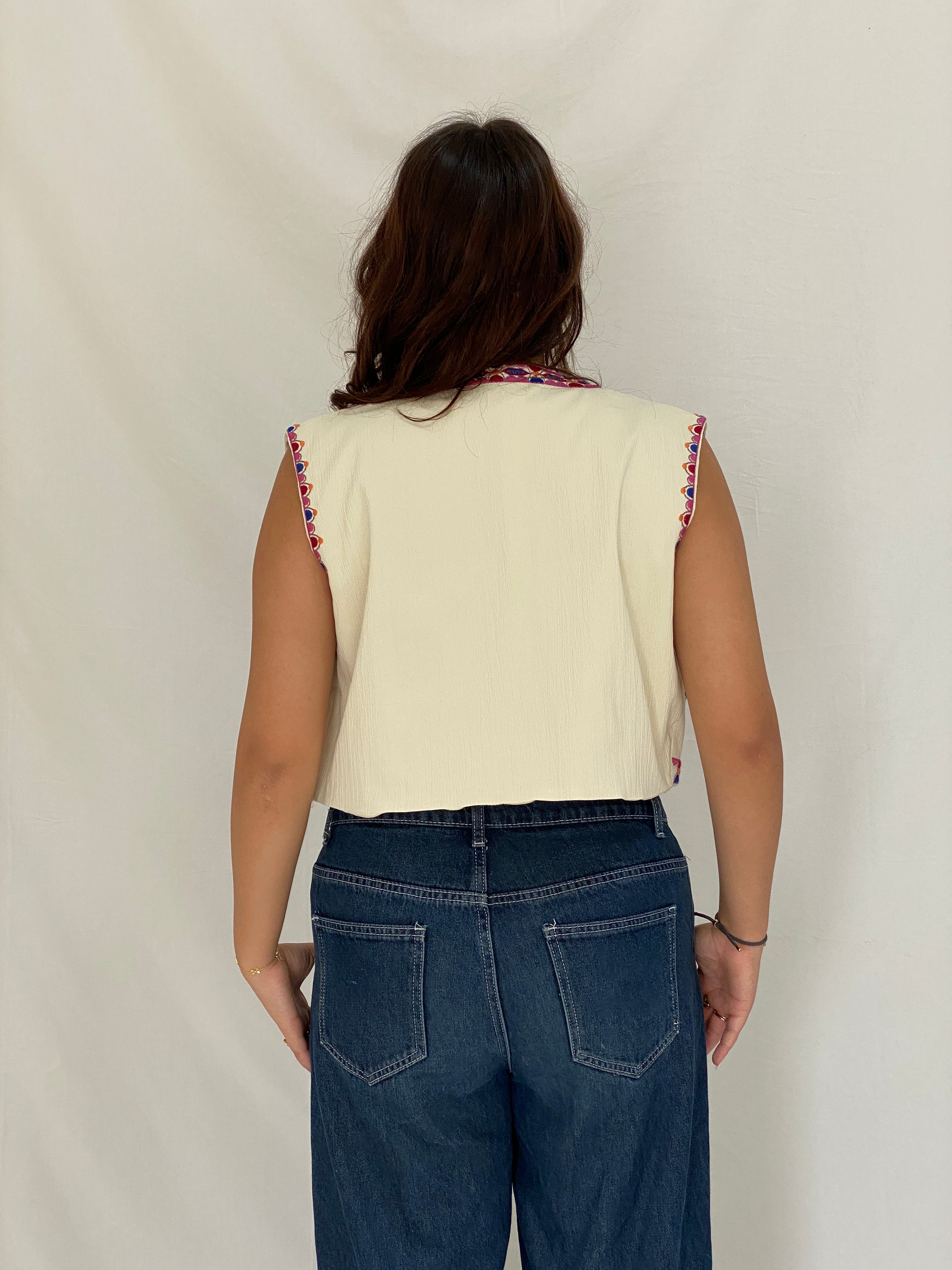 Vintage Beige Pink Floral Folk Embroidered Vest - M