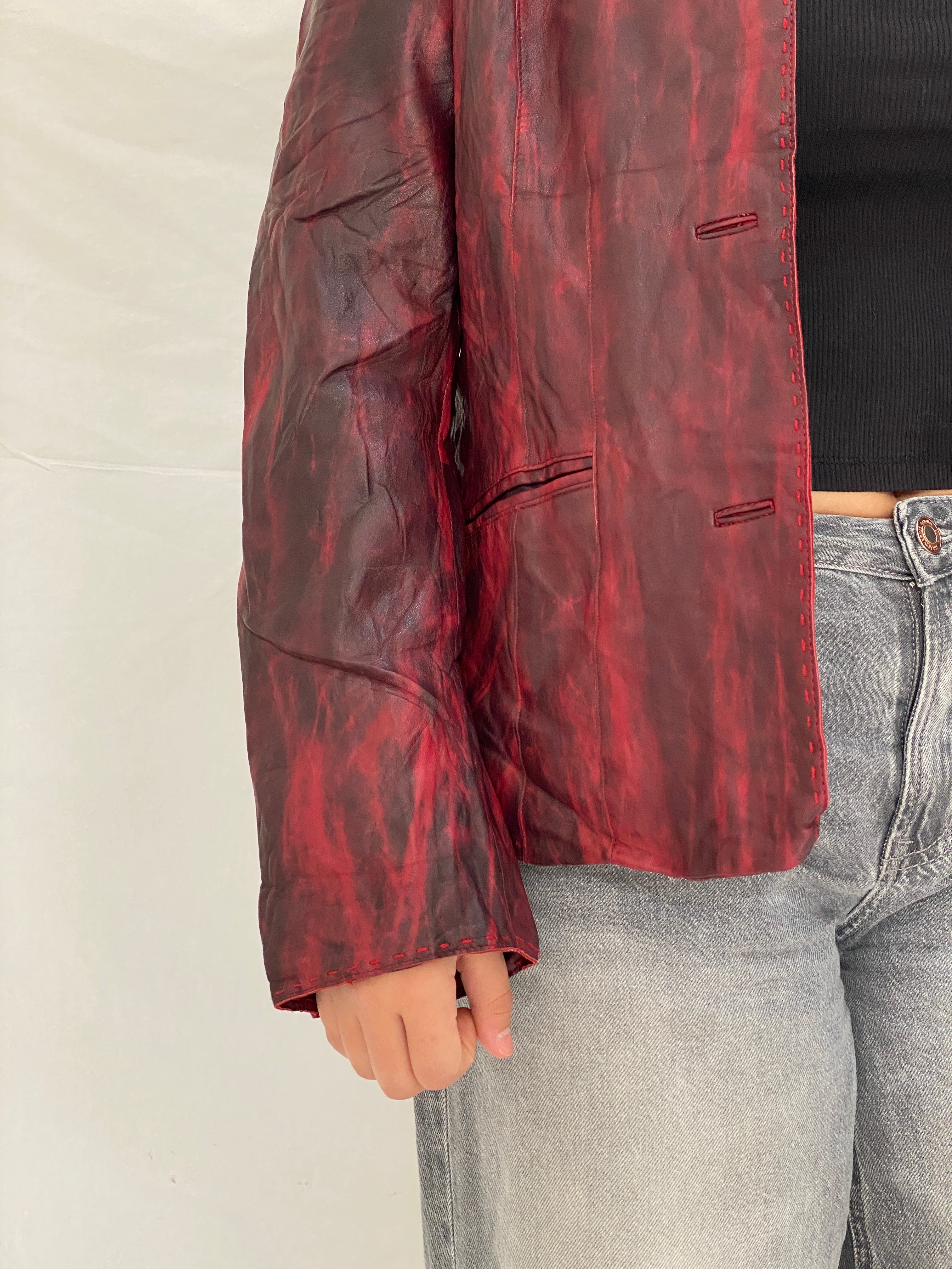 Vintage Mafecco Distressed Red Black Genuine Leather Blazer Jacket - M