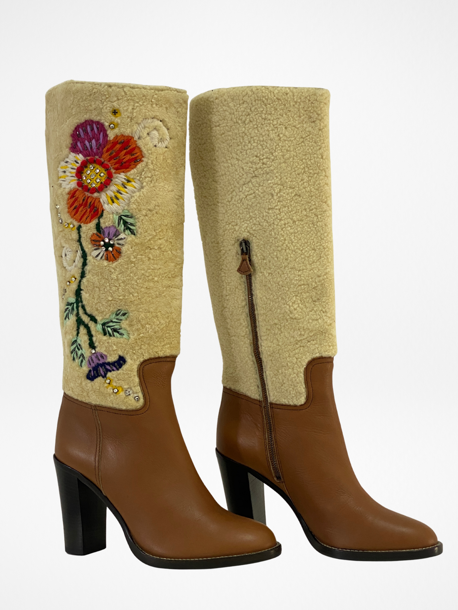 Vintage Miu Miu Brown Leather & Shearling Embroidered Knee-High Boots Block Heel - EU 38.5