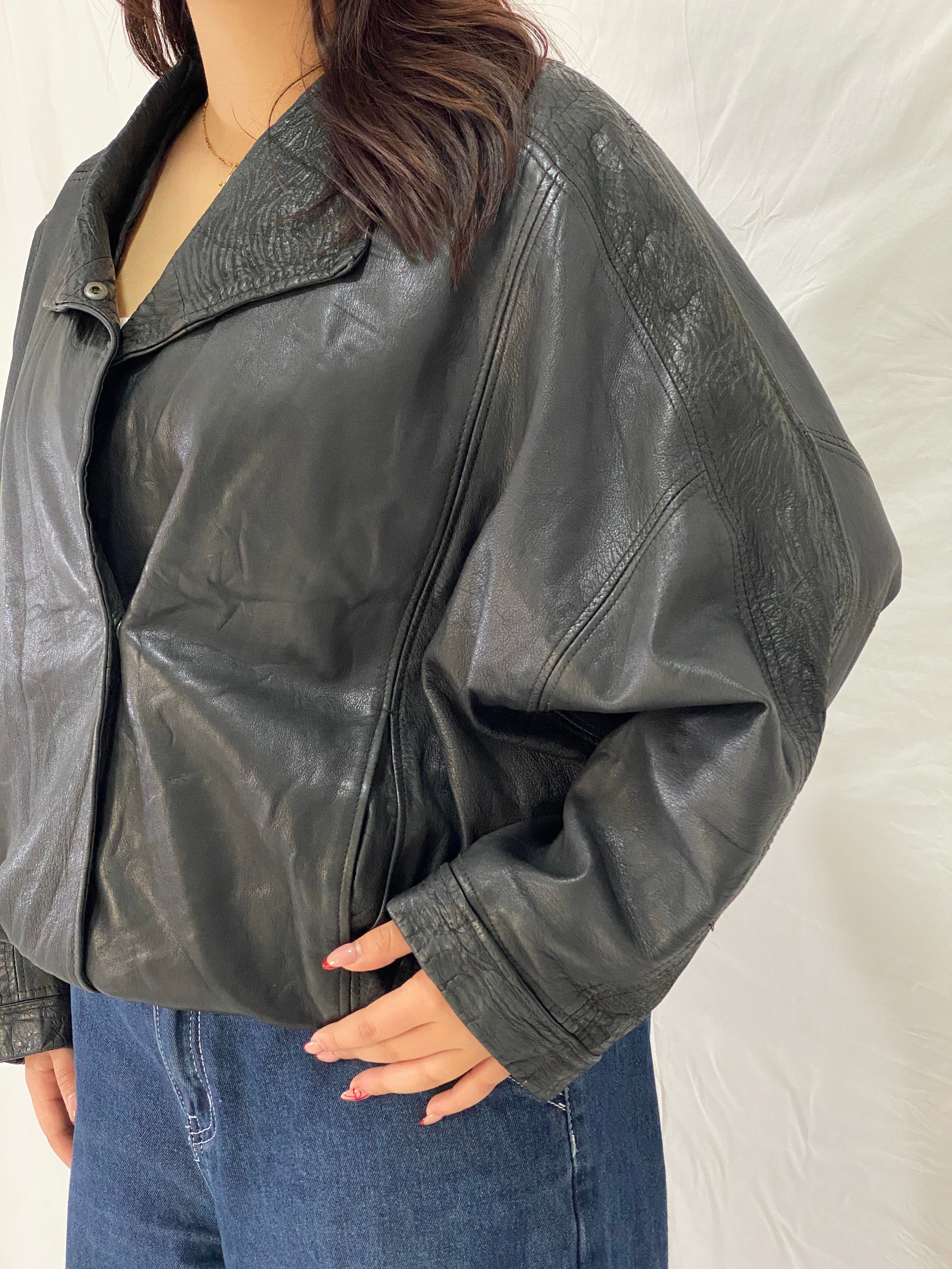 Vintage CAMPOY Black Genuine Leather Jacket Oversized Relaxed Fit Leather Coat - M