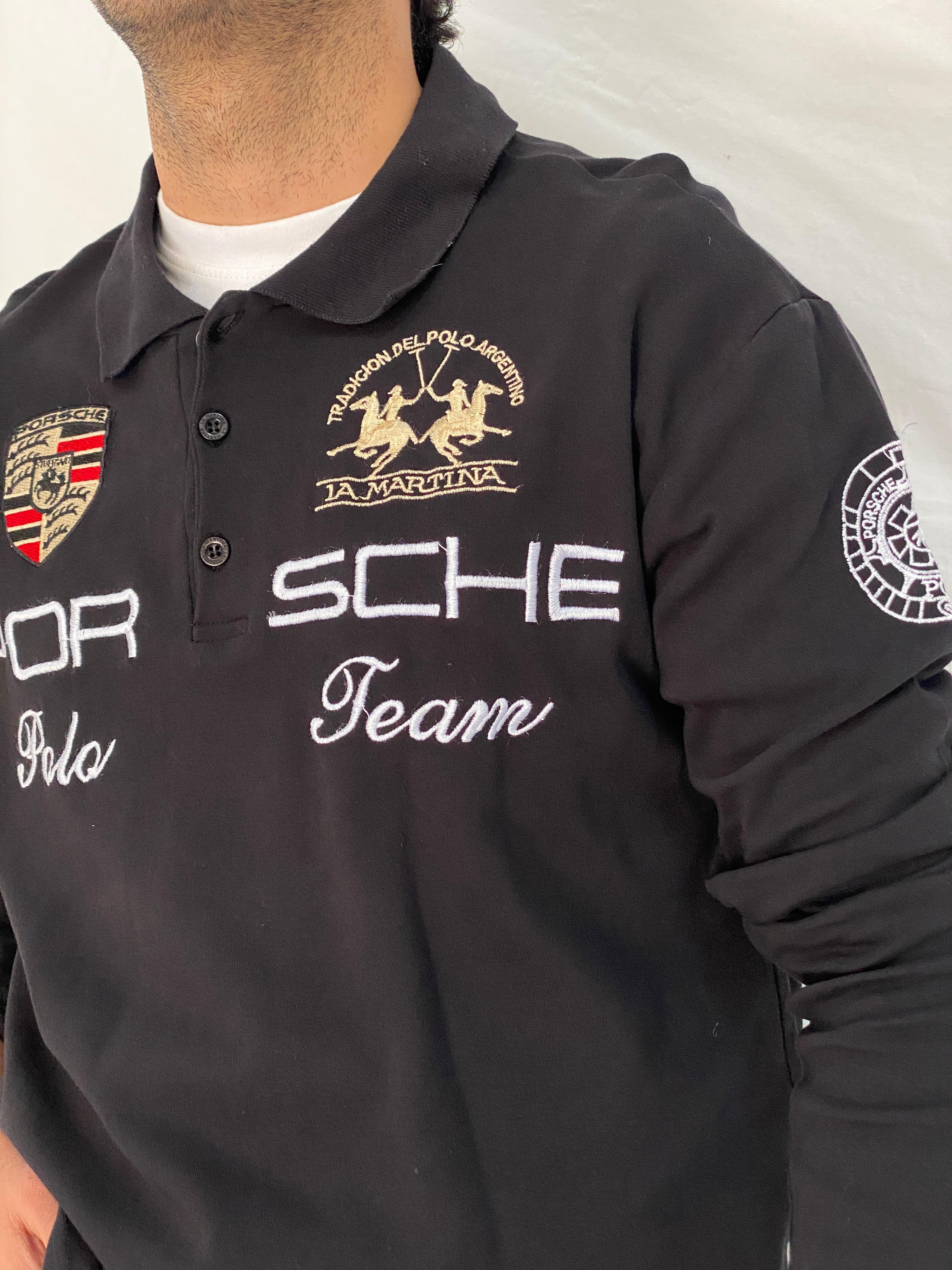 Vintage La Martina Porsche Team Rugby Top Polo Black Racing Shirt - L