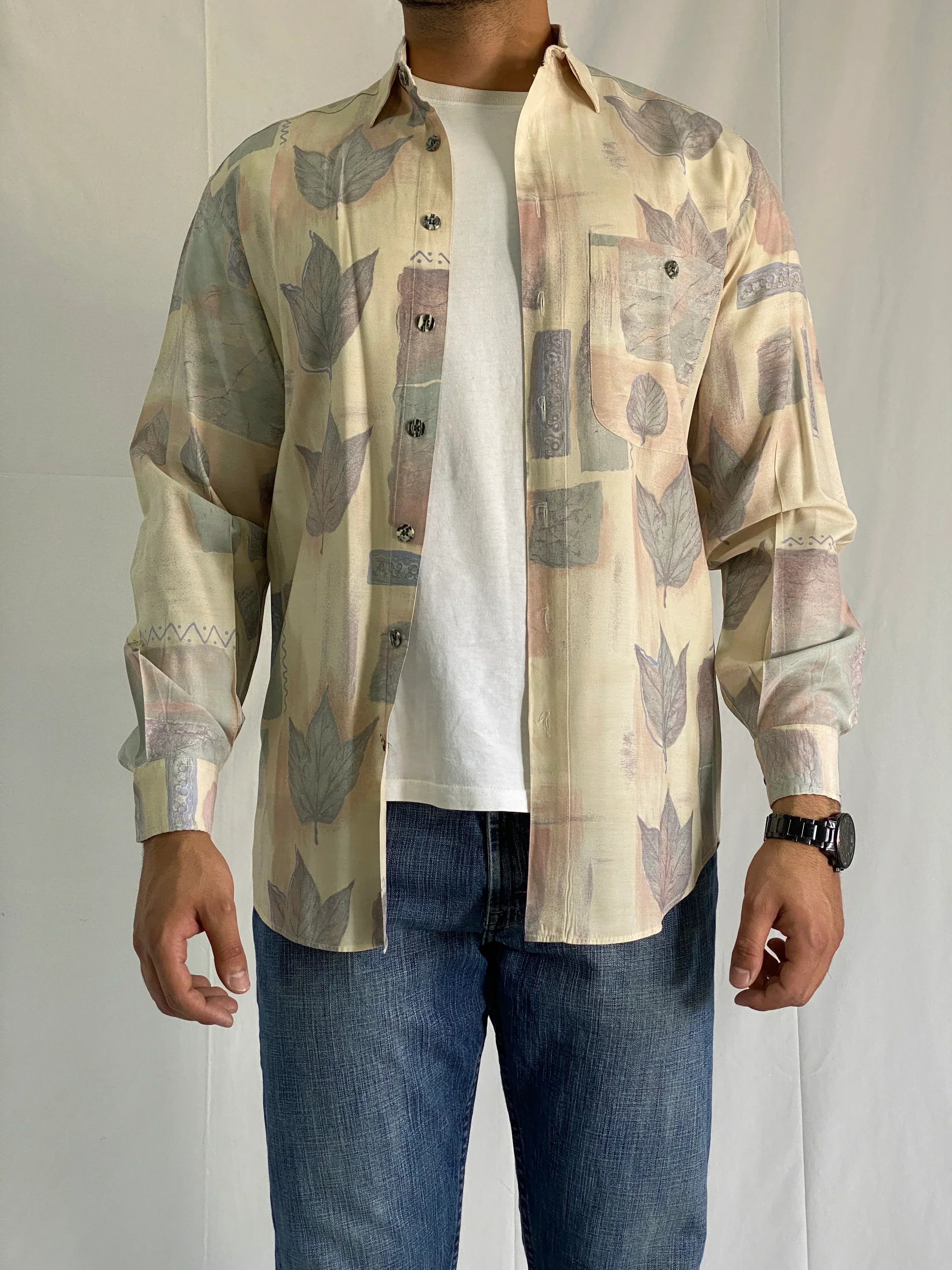 Vintage 90s Club D’Amingo Beige Abstract Leaf Print Men’s Long Sleeve Shirt - L