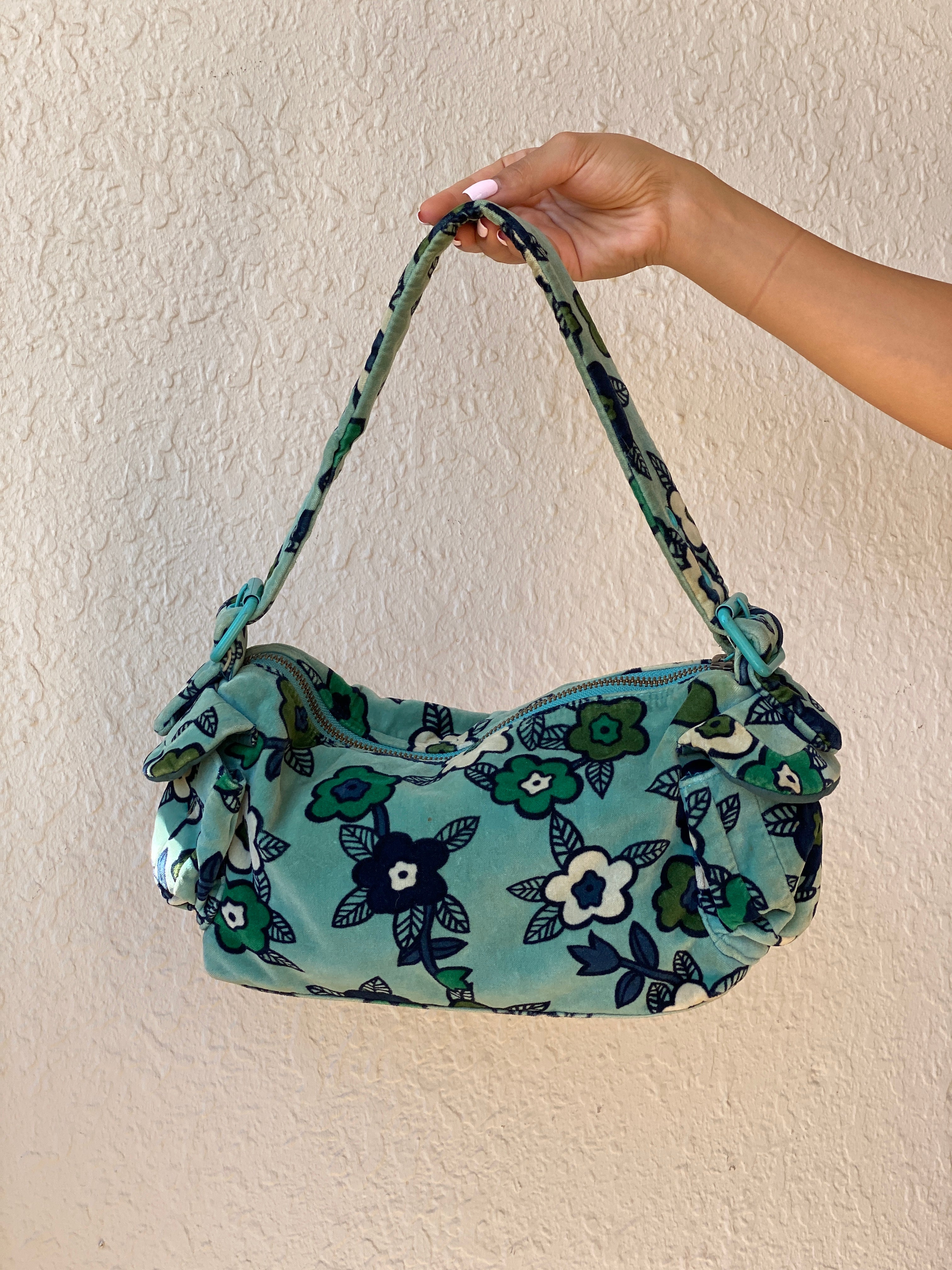 Vintage Y2K GAP Aqua Floral Velvet Shoulder Bag Soft Velour Baguette Purse