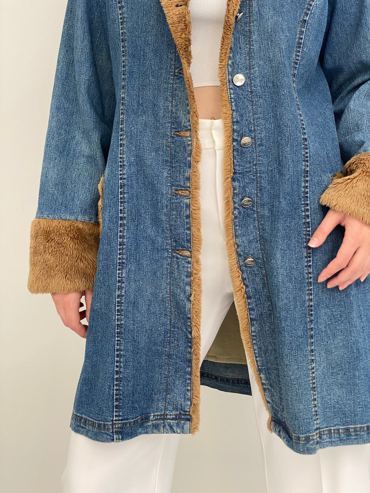 Y2K Luckystars Heavy Denim Coat with Brown Faux Fur Lining – L