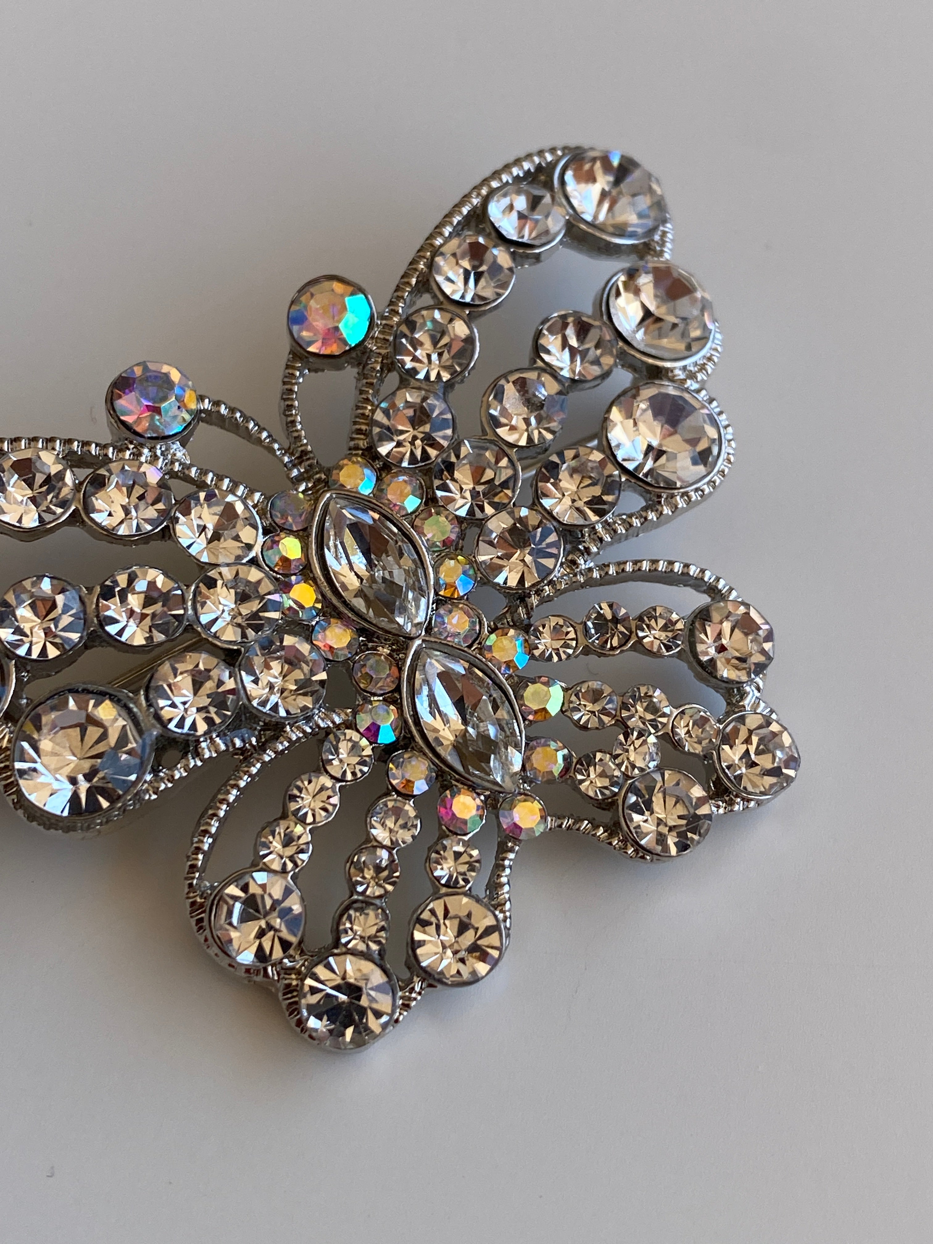 Statement Vintage Silver-Tone Clear Rhinestone Butterfly Brooch