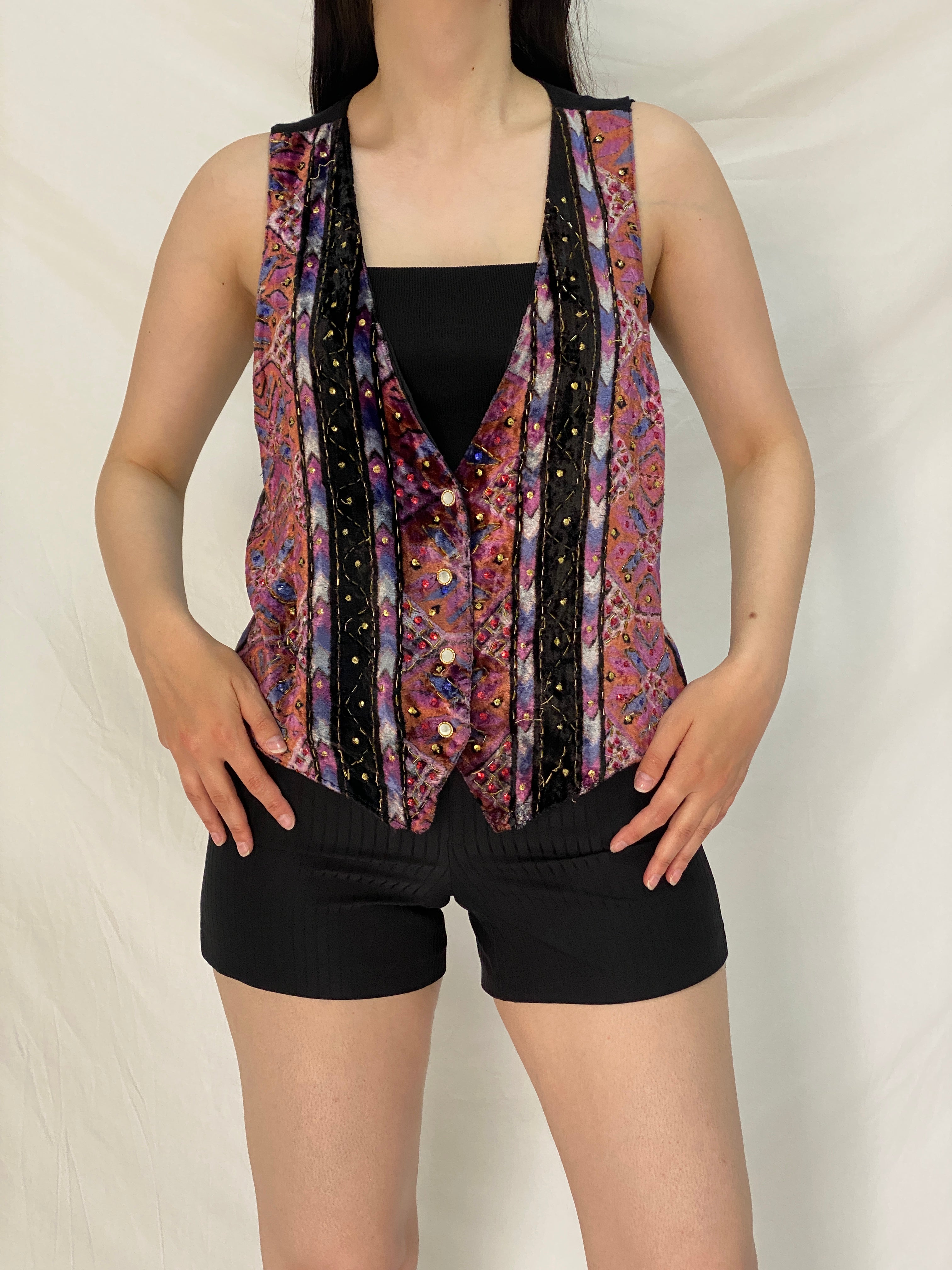 Vintage 90s Jane Ashley Beaded Velvet Boho Purple Multicolor Vest – L