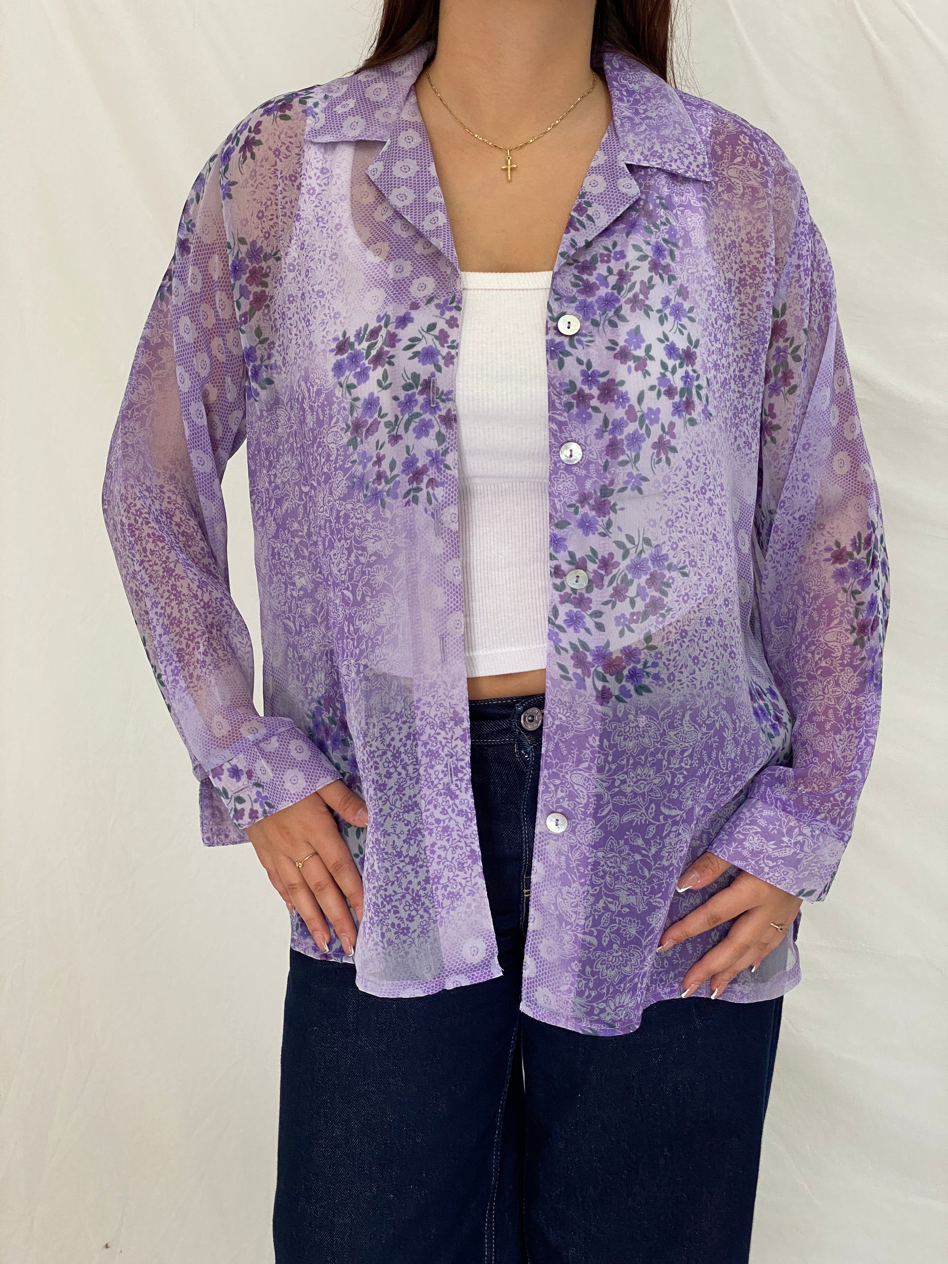 Vintage 90s Lighthouse Point Purple Sheer Floral Button-Up Blouse - L