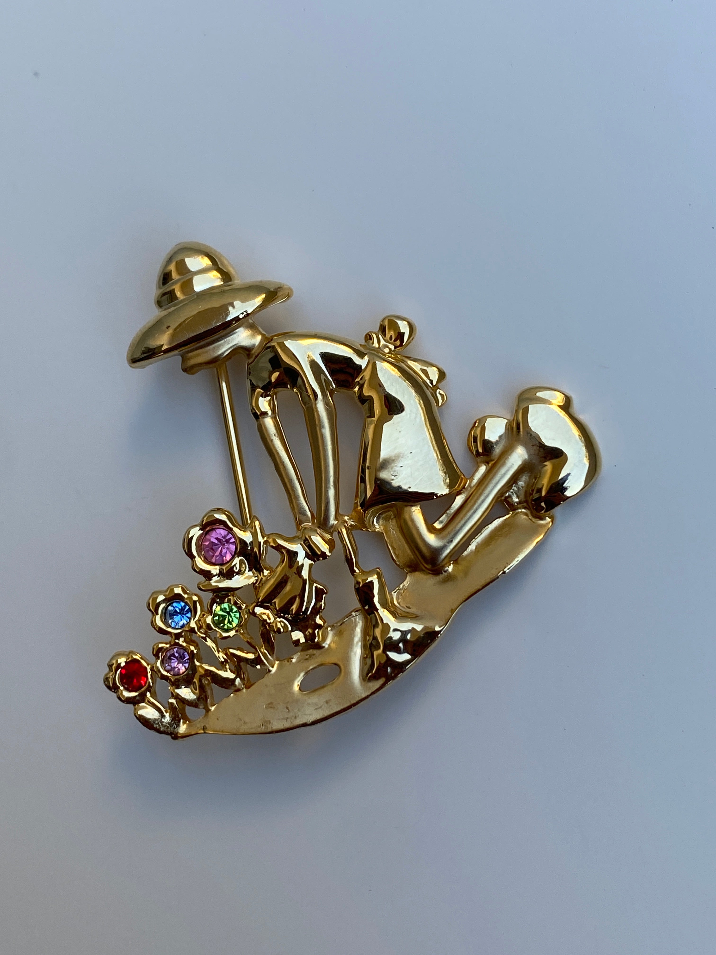 Vintage White Stag Gold-Tone Gardener Rhinestone Brooch Figural Floral Pin