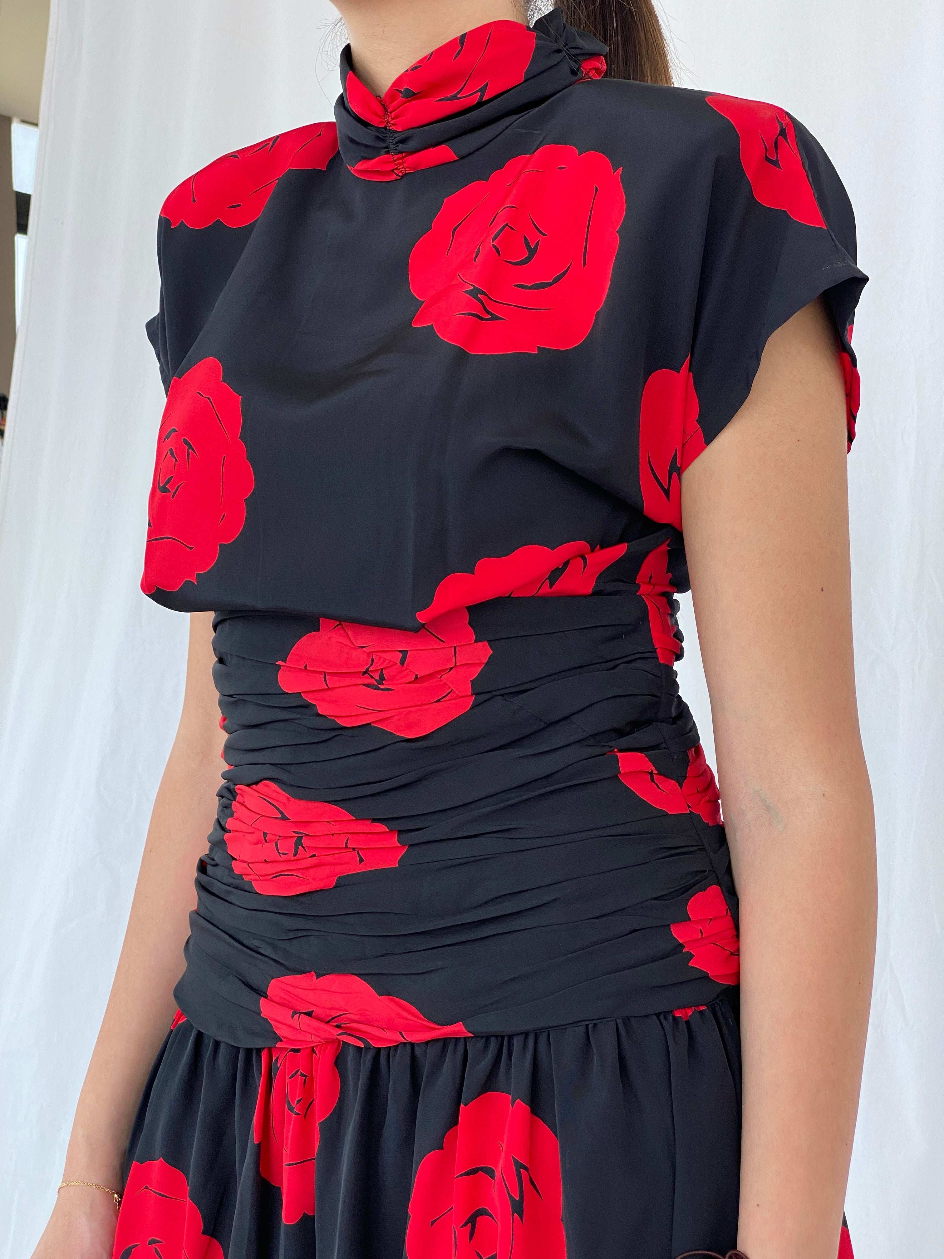 Stunning Vintage 80s Handmade Black Rose Print Midi Party Dress Size M - Balagan Vintage Midi Dress 90s, black dress, dress, floral dress, formal dress, Juana, midi dress, NEW IN