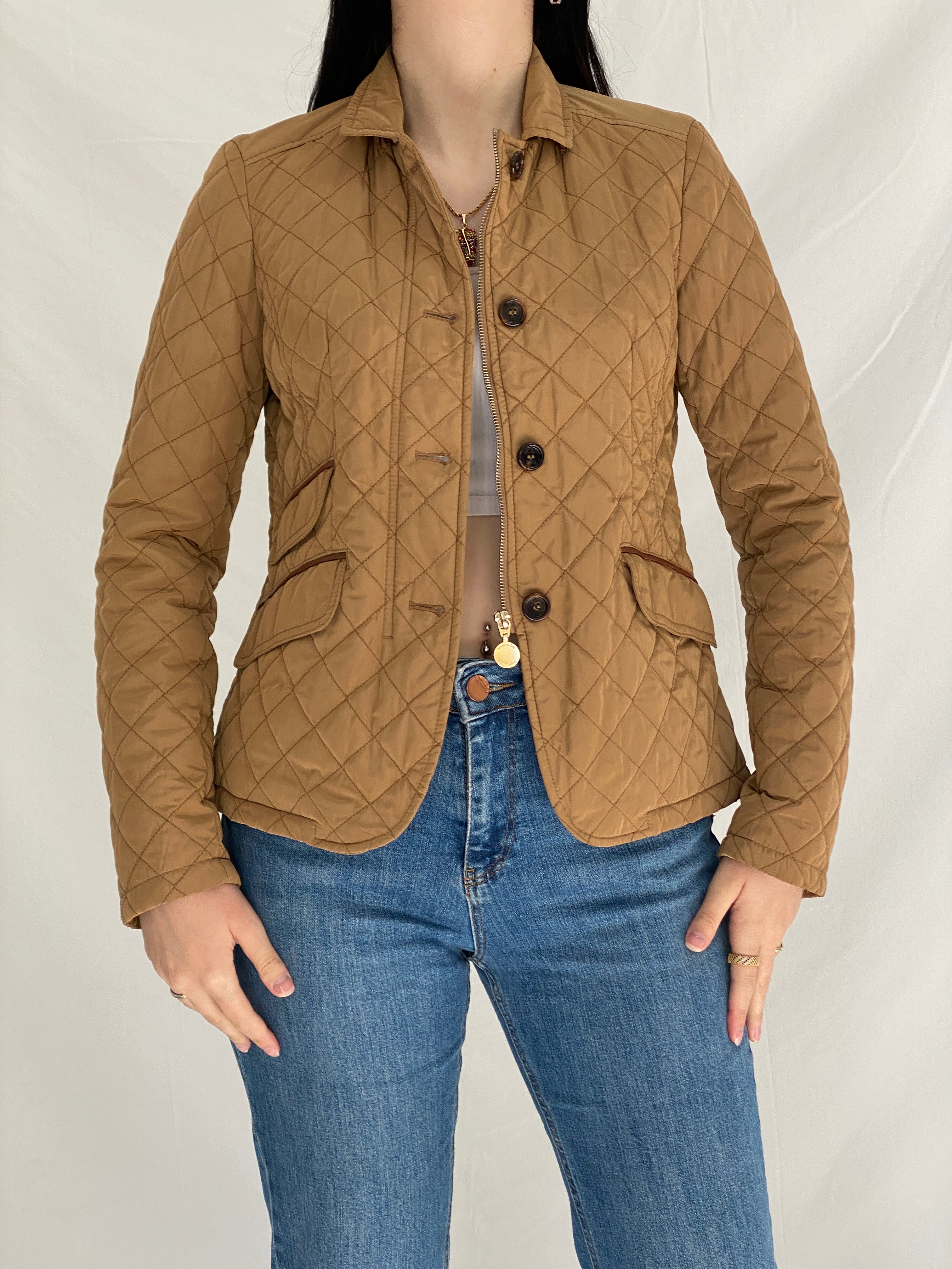 Massimo Dutti Camel Quilted Riding Jacket Fitted Equestrian Diamond Stitch Jacket - S