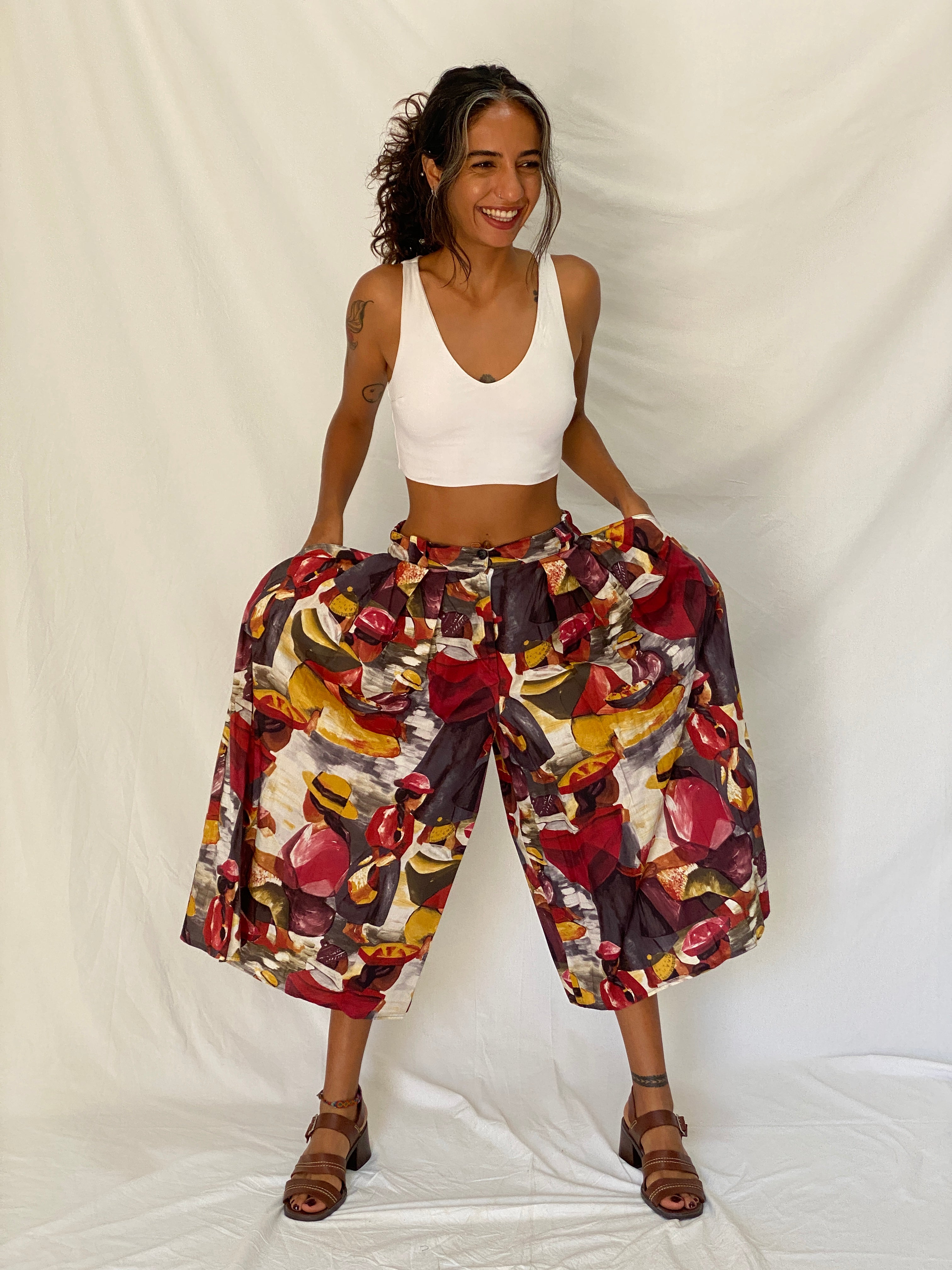 Vintage 90s Frawil Multicolor Abstract Wide Leg Culotte Pants – S