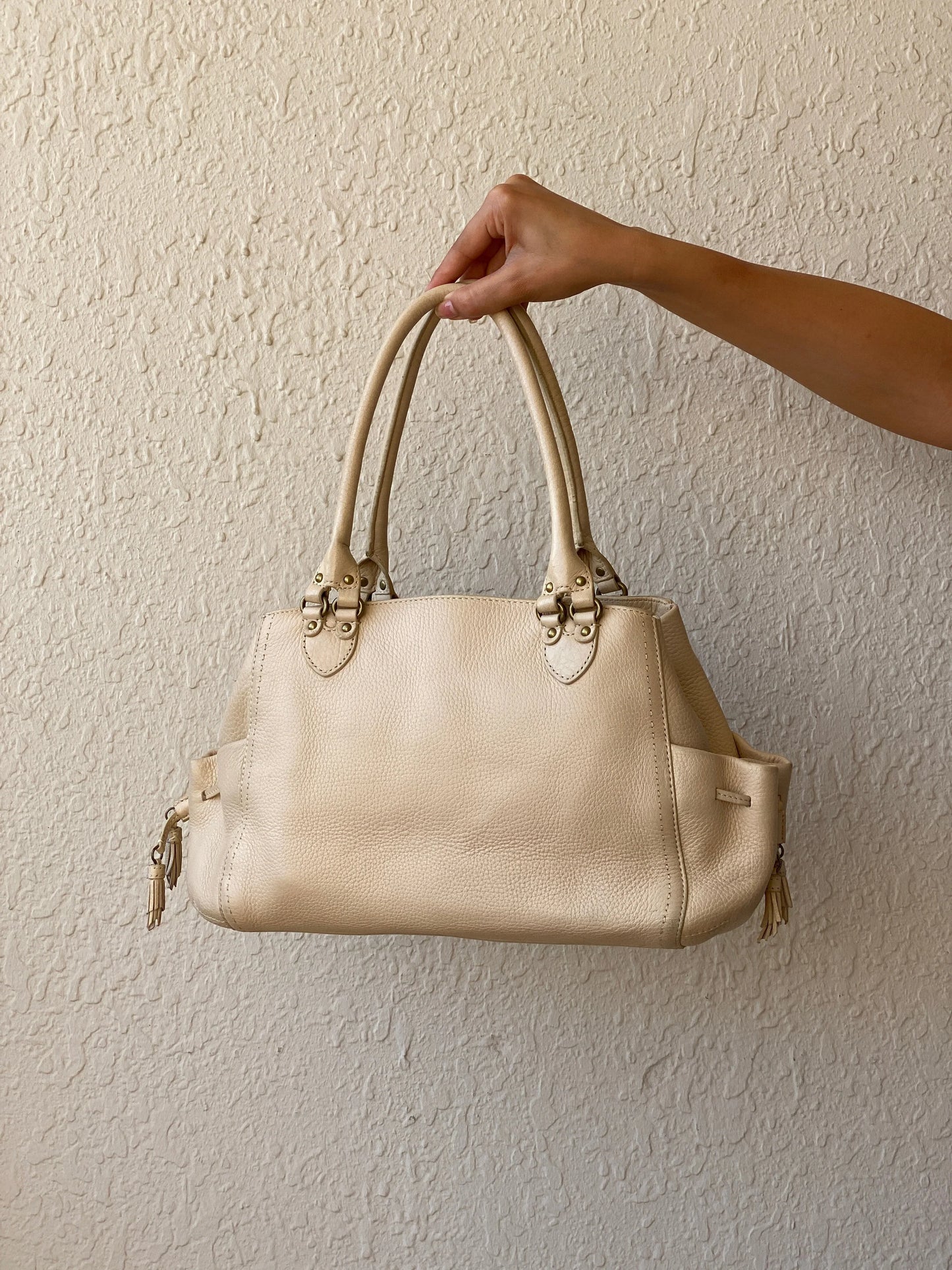 Beautiful Cole Haan Beige Genuine Leather Satchel Handbag Classic Shoulder Bag