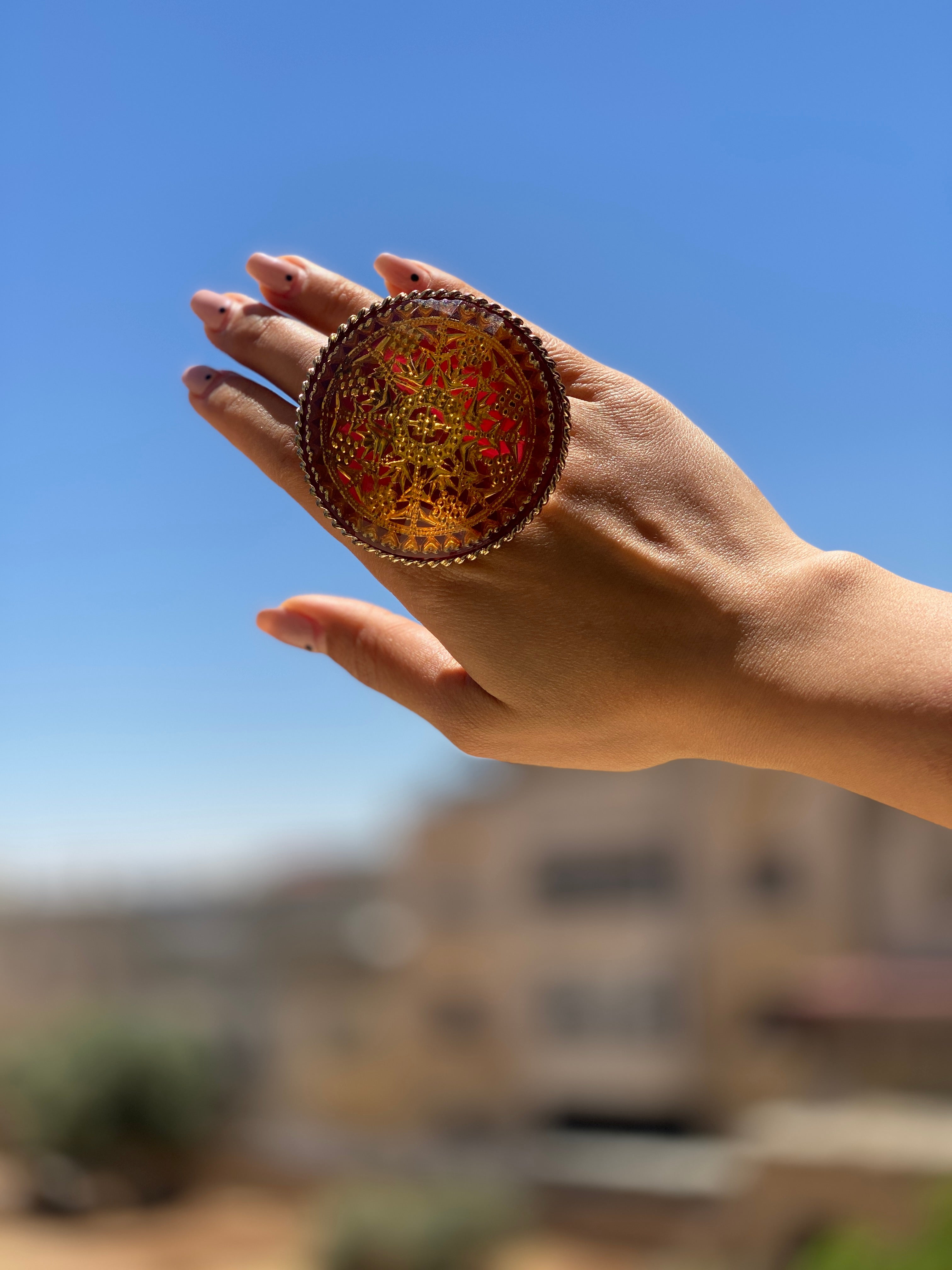 Vintage Gold Tone Filigree Amber Red Lucite Cocktail Statement Ring