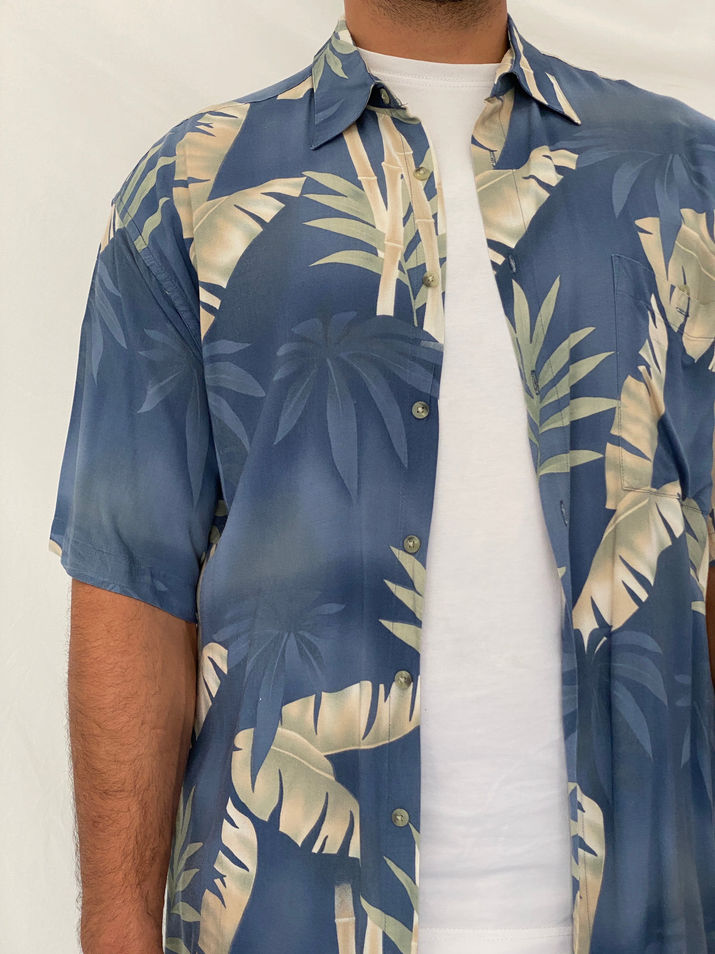 Vintage 90s Pierre Cardin Blue Tropical Rayon Hawaiian Shirt – L