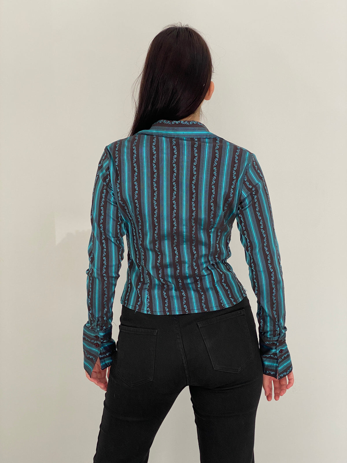 Vintage Y2K Style Turquoise & Brown Striped Fitted Button-Up Shirt - M
