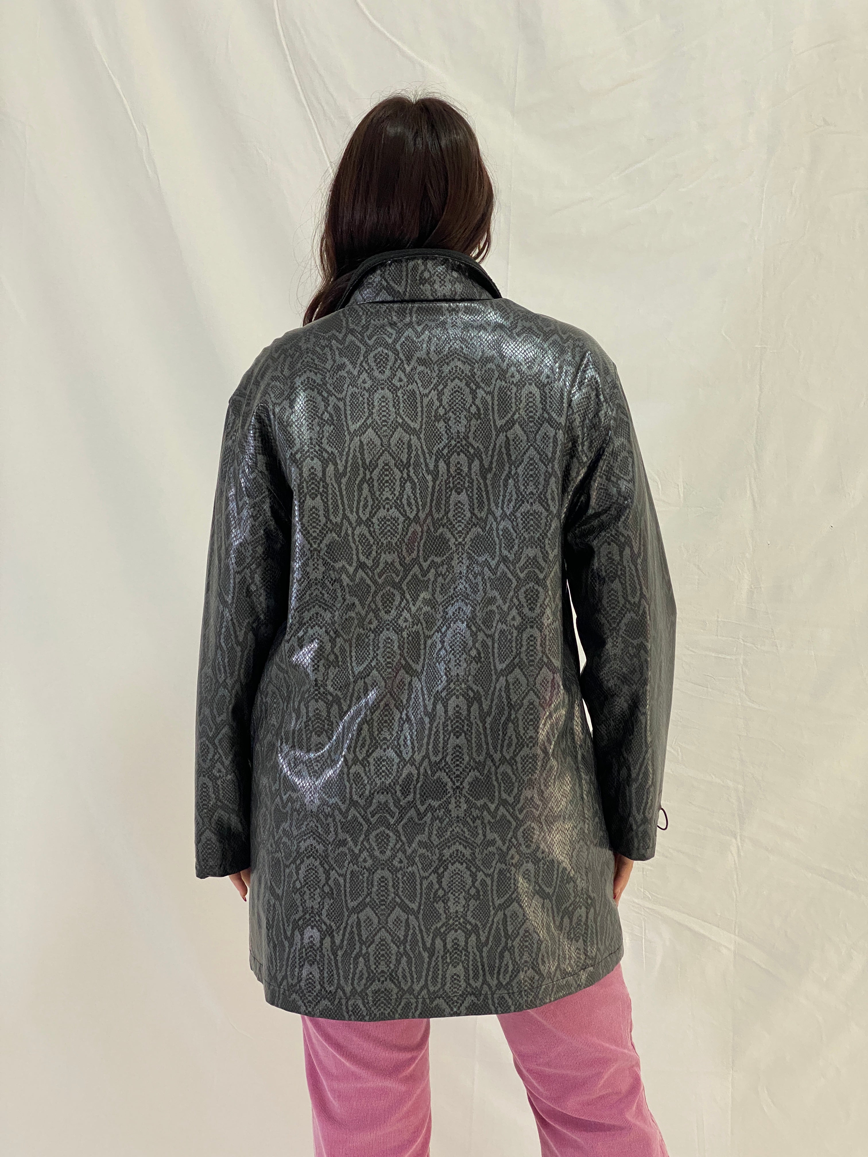 Vintage Lisa Tossa Black Metallic Snake Print Long Raincoat Jacket – M