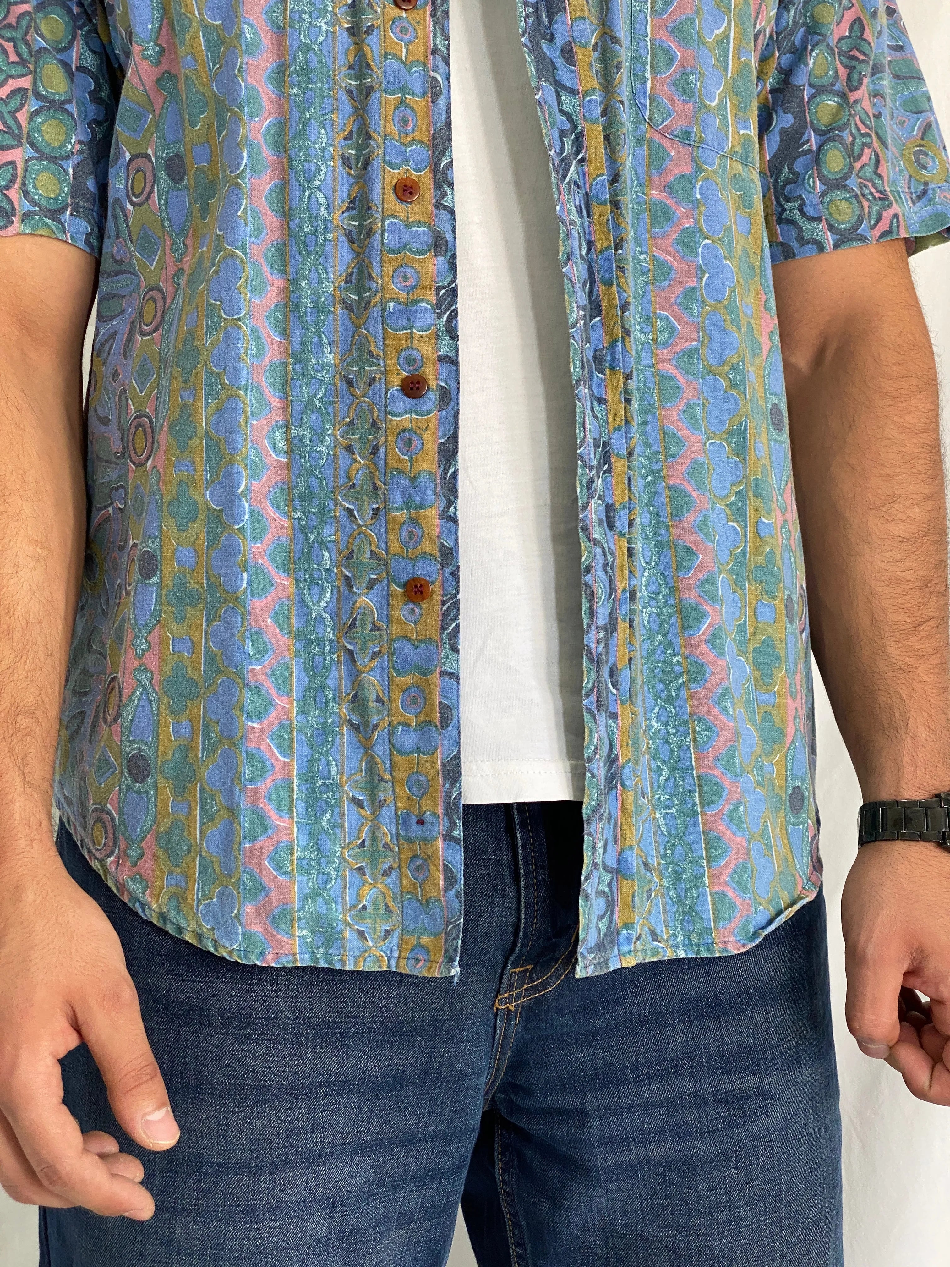 Vintage BADGE Short Sleeve Cotton Blue Geometric Print Shirt - M