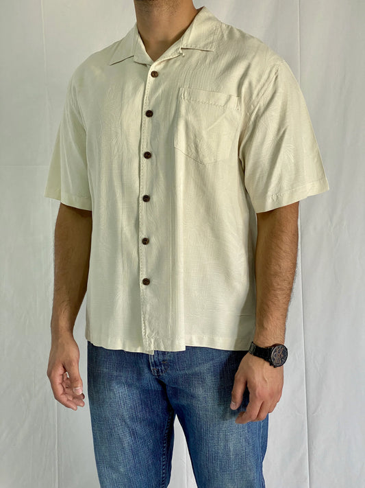 Boundary Bay Silk Men’s Hawaiian Short Sleeve Button Up Cream Color Shirt - L