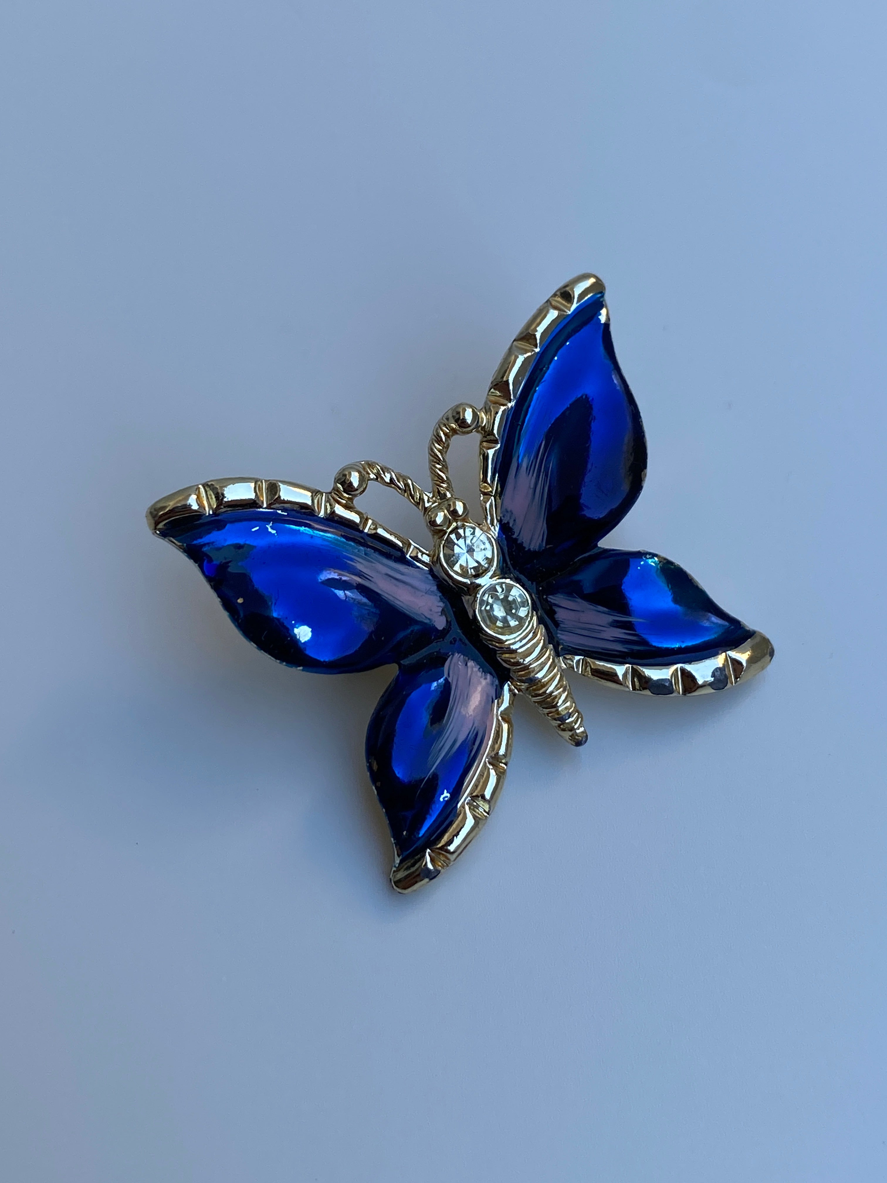 Vintage Blue Enamel Butterfly Pin Crystal Rhinestone Accents Brooch