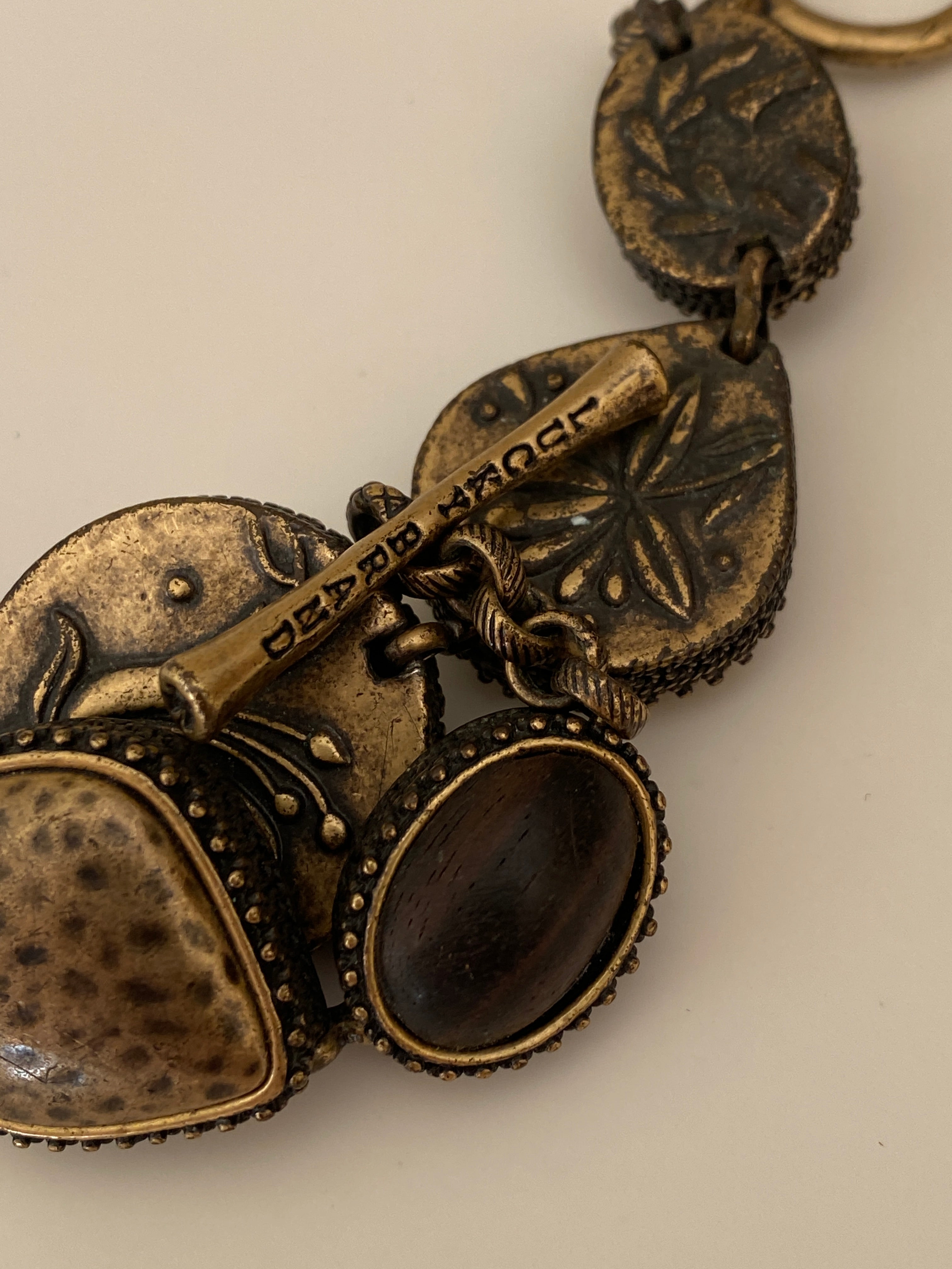 Vintage Lucky Brand Boho Wood & Brass Bracelet Toggle Clasp Ethnic Statement Jewelry