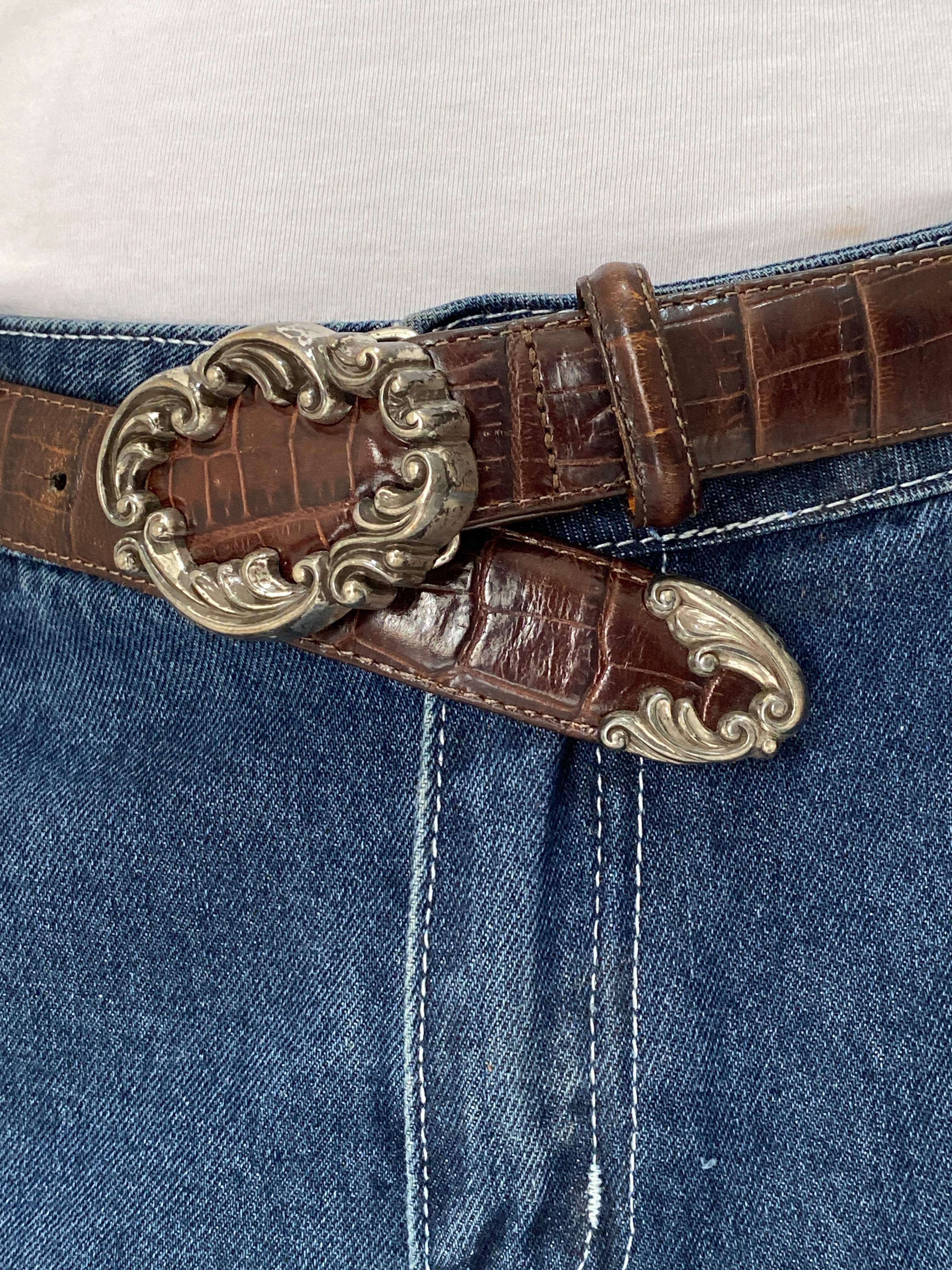 Vintage Brighton Brown Croc-Embossed Leather Western Y2K Classic Belt