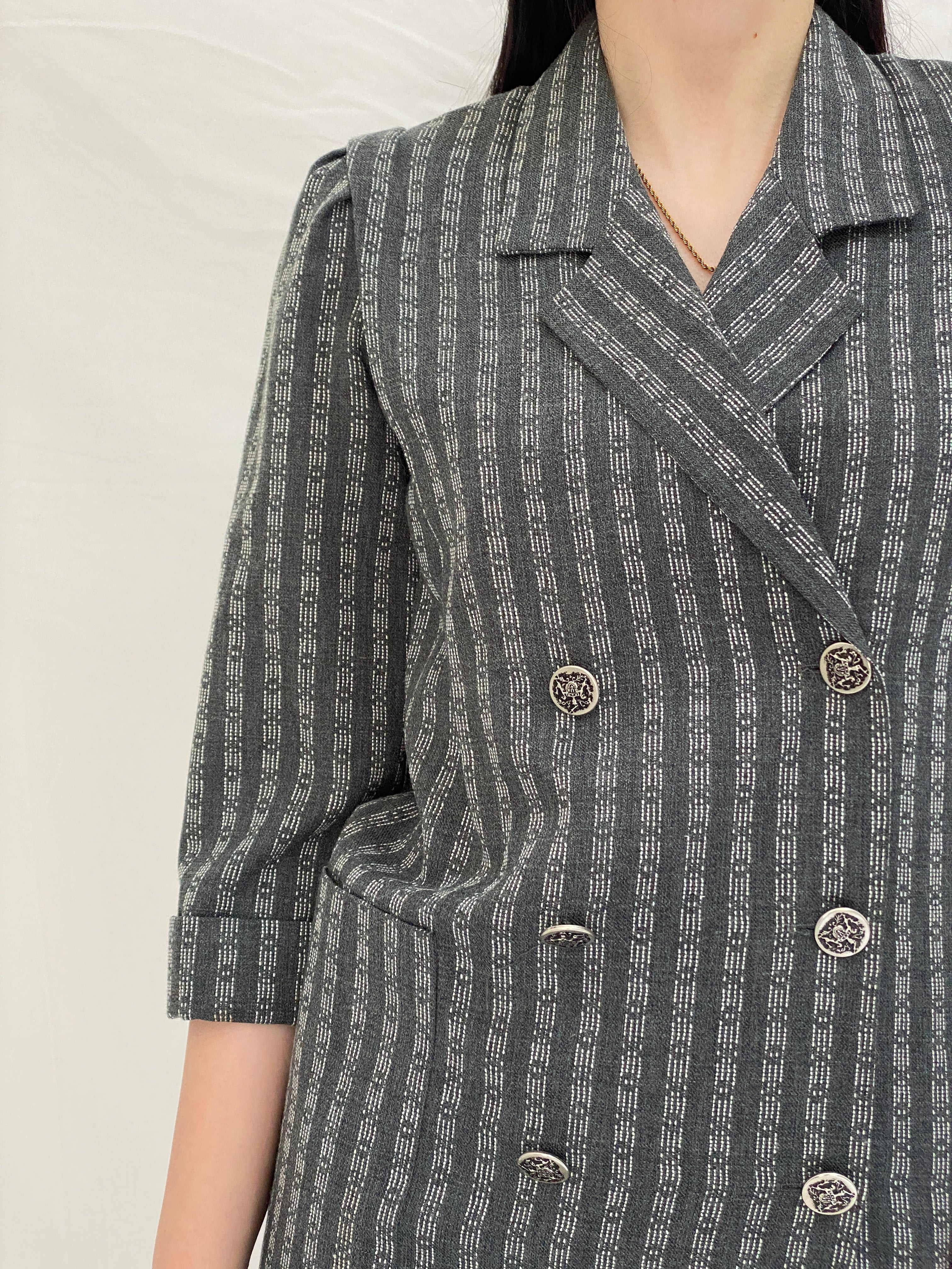 Vintage Leslie Fay Petites Gray Textured Double Breasted Blazer Dress - S