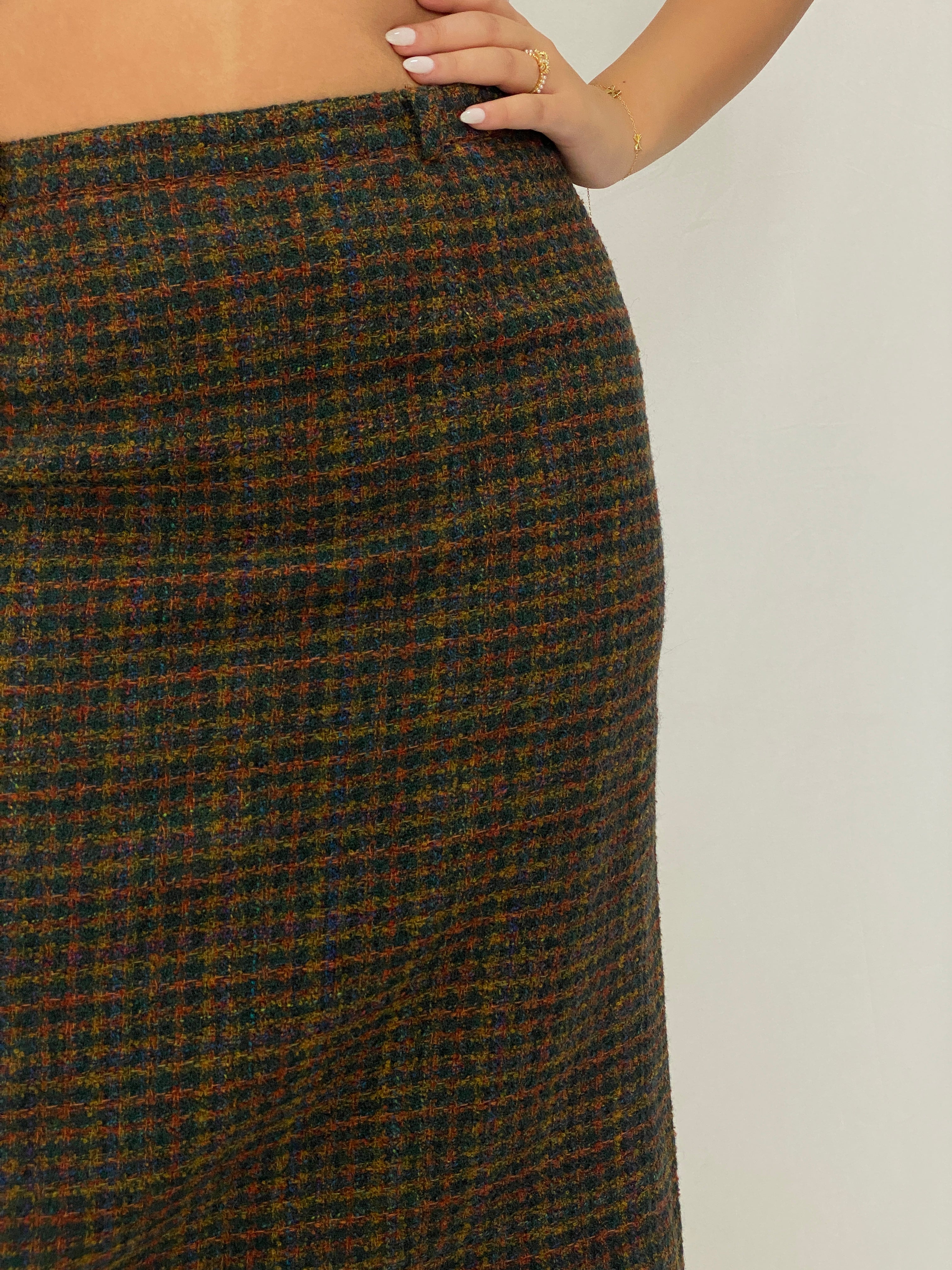 Vintage Solfin Wool-Blend Tweed Pencil Skirt Multicolor Check Plaid High-Waist Midi Skirt - M