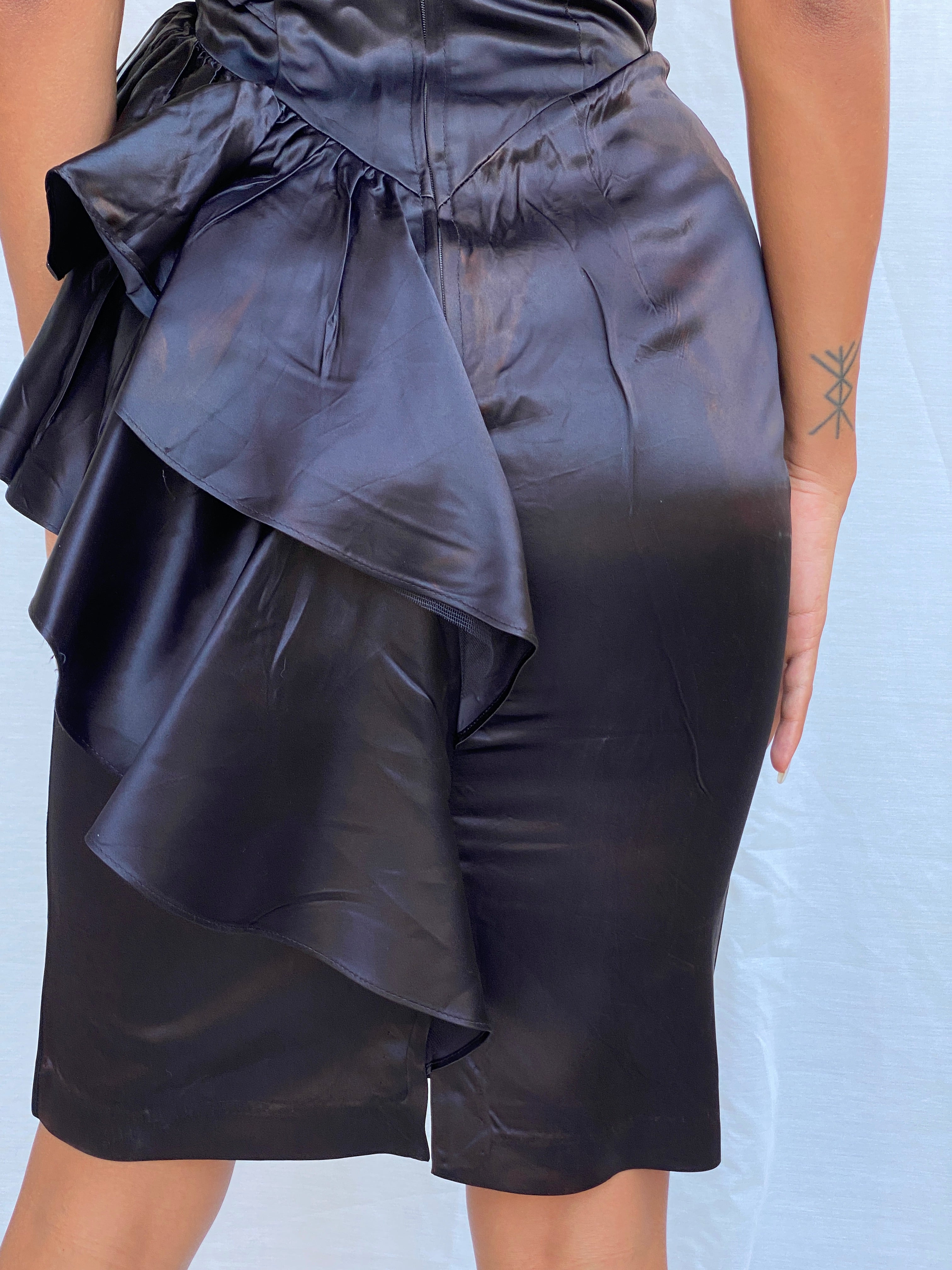 Vintage 80s Climax Karen Okada for David Howard Black Acetate One-Shoulder Beaded Ruffle Cocktail Dress - XS