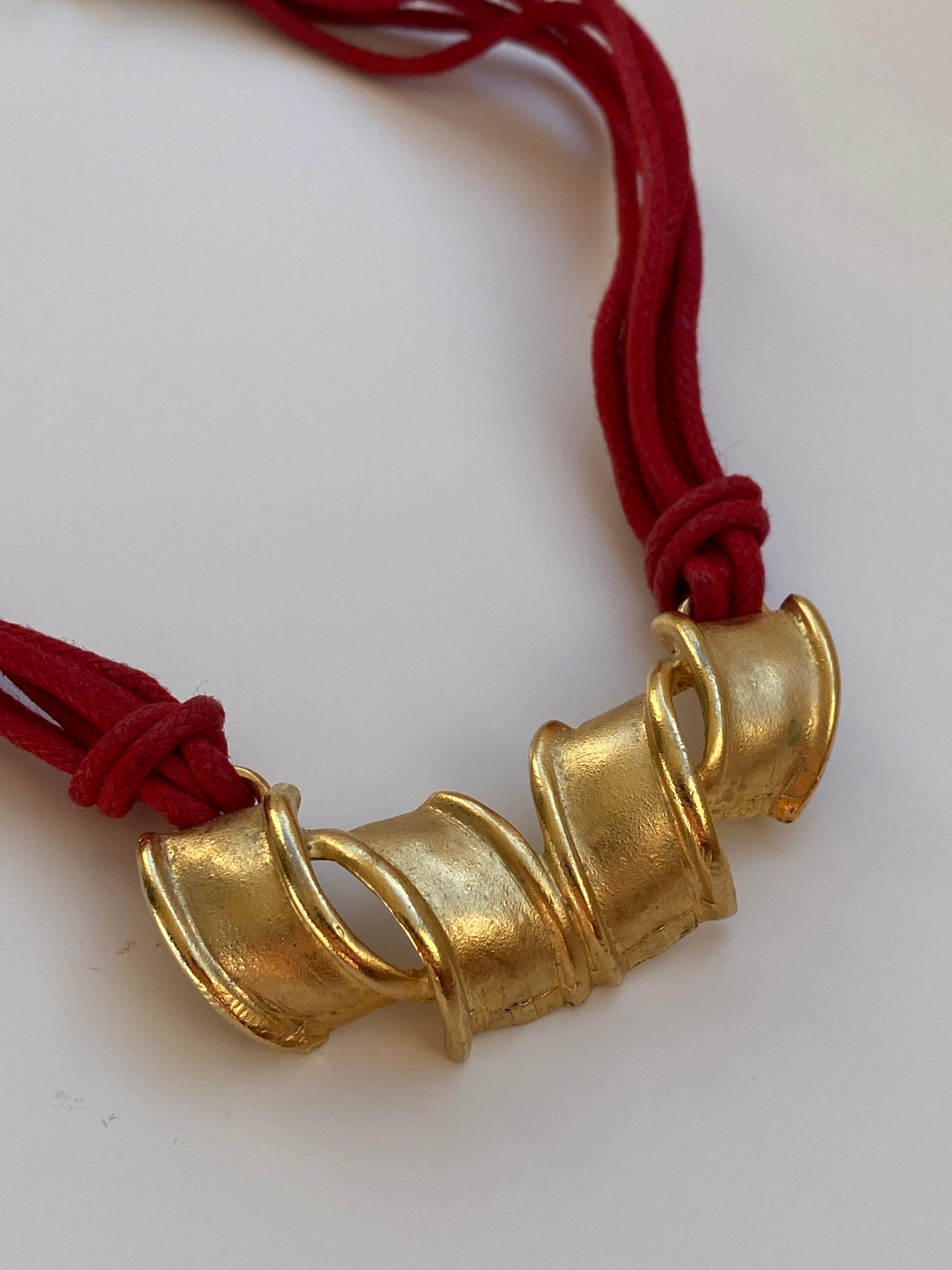 Vintage 1980s Style Red Multi-Cord Gold Tone Sculptural Necklace