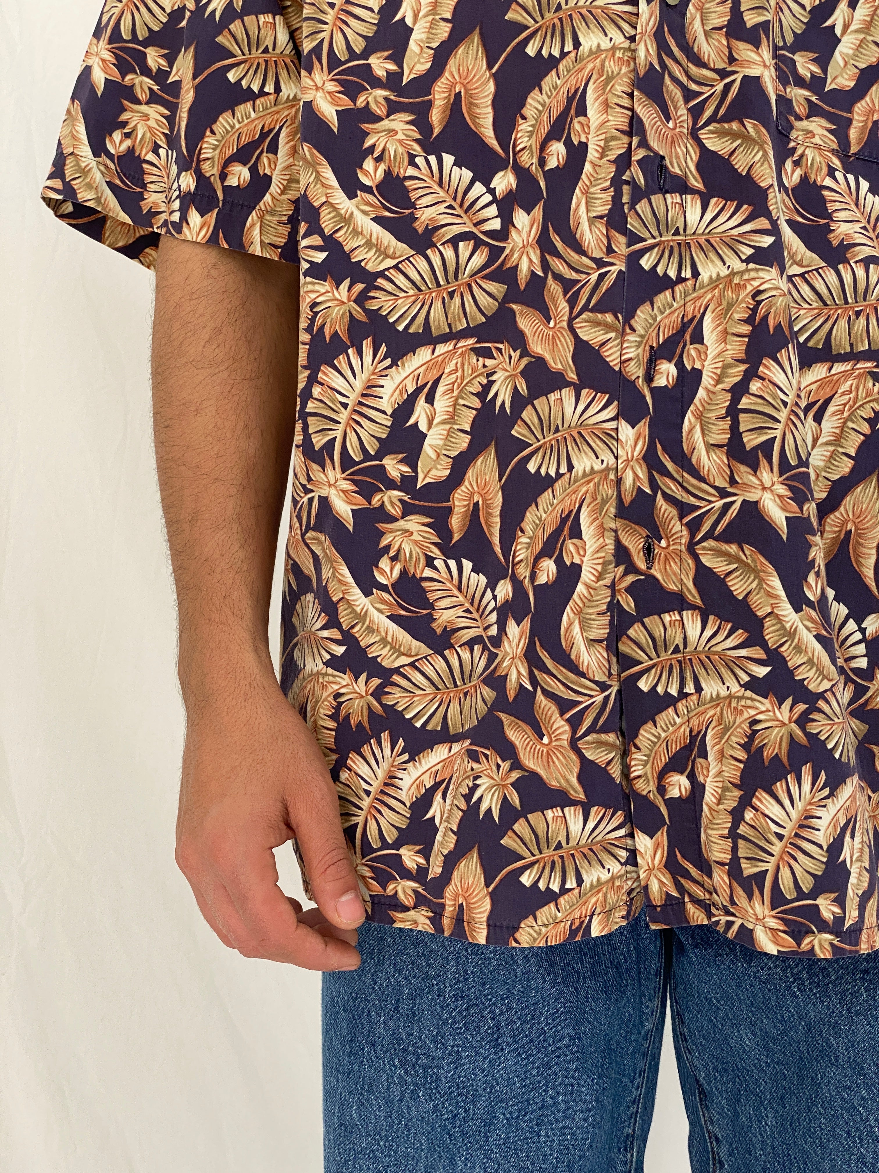 Vintage Pierre Cardin Tropical Leaf Print Hawaiian Shirt Cotton Resort Shirt - L