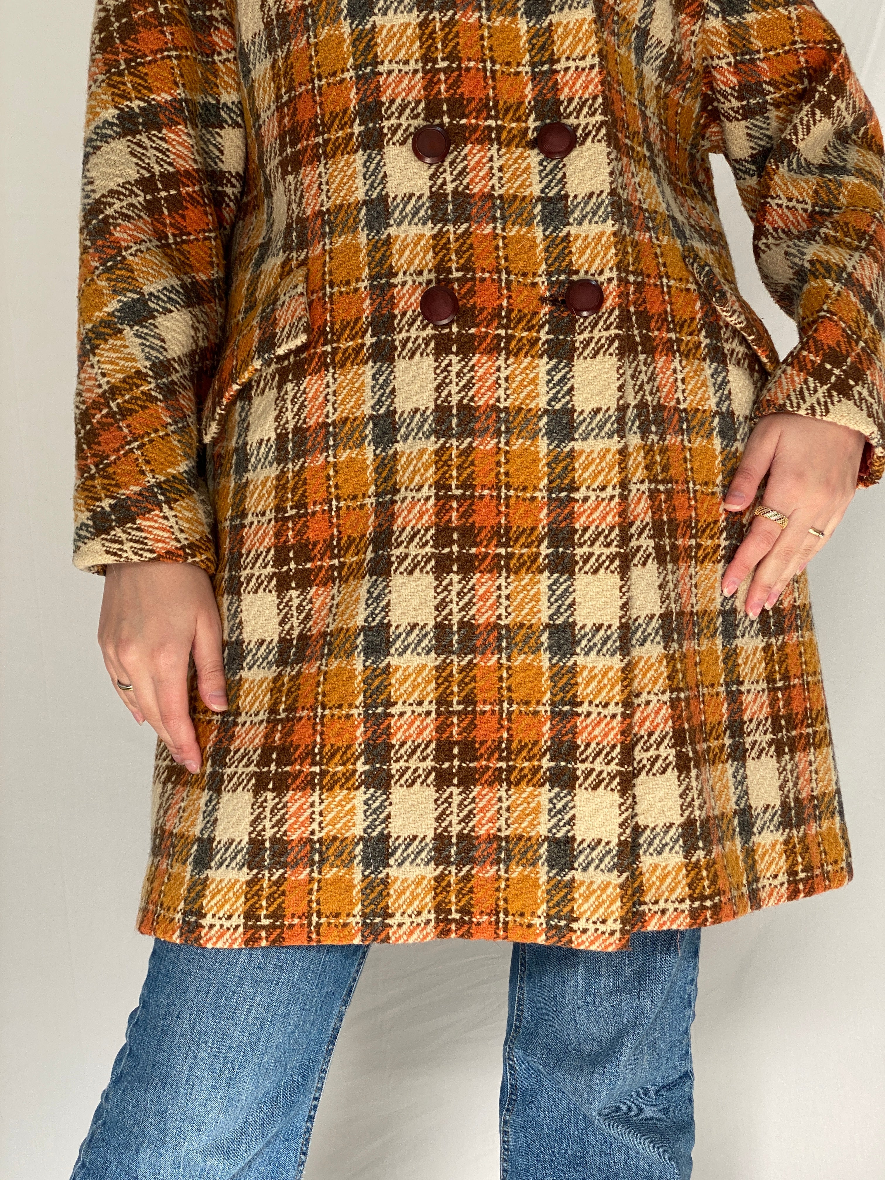 Vintage Brown & Rust Plaid Oversized Double-Breasted Wool Blend Coat with Velvet Collar - XL