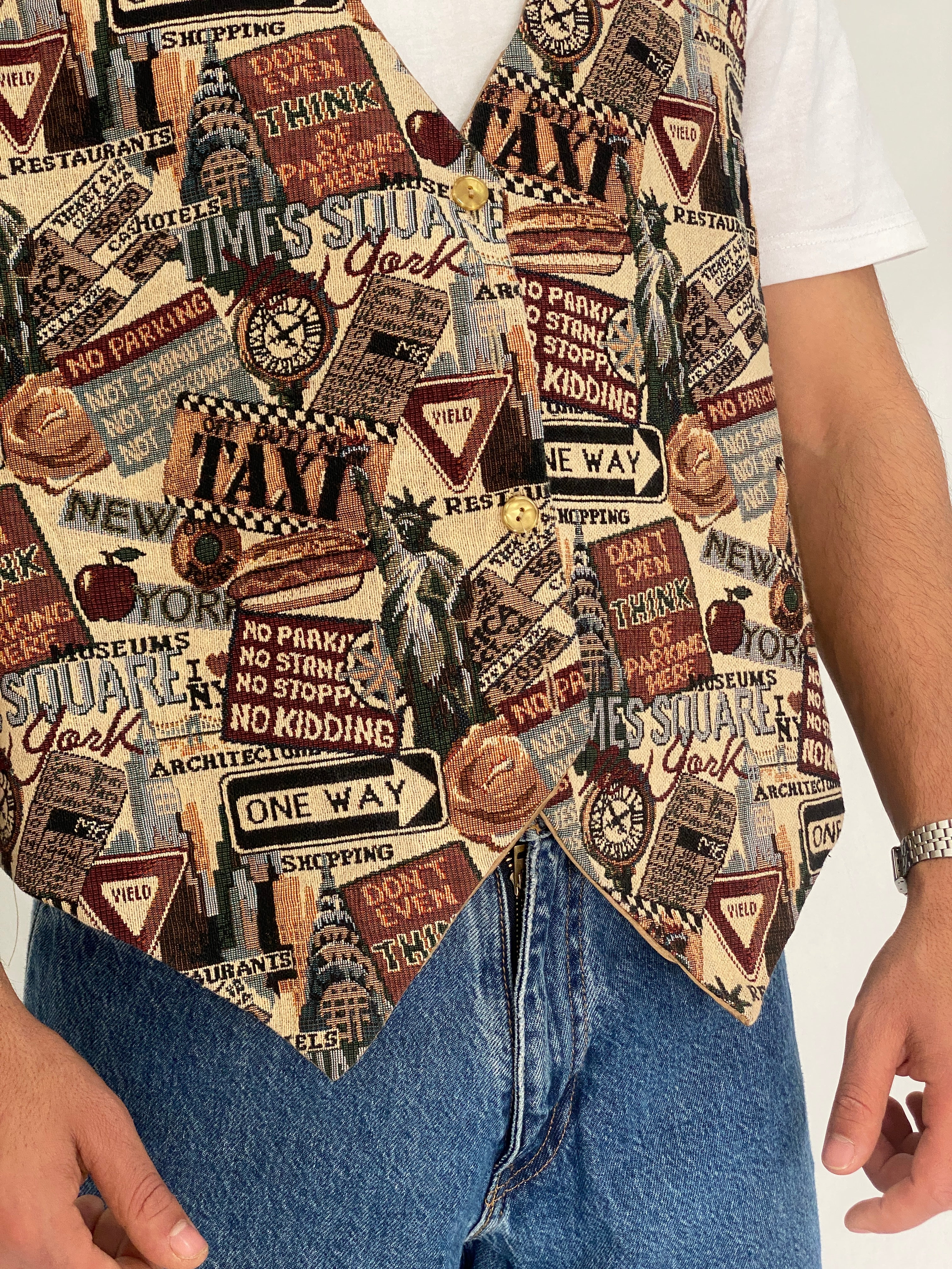 Vintage Basic Editions NYC Tapestry Vest Graphic Street Waistcoat – XL
