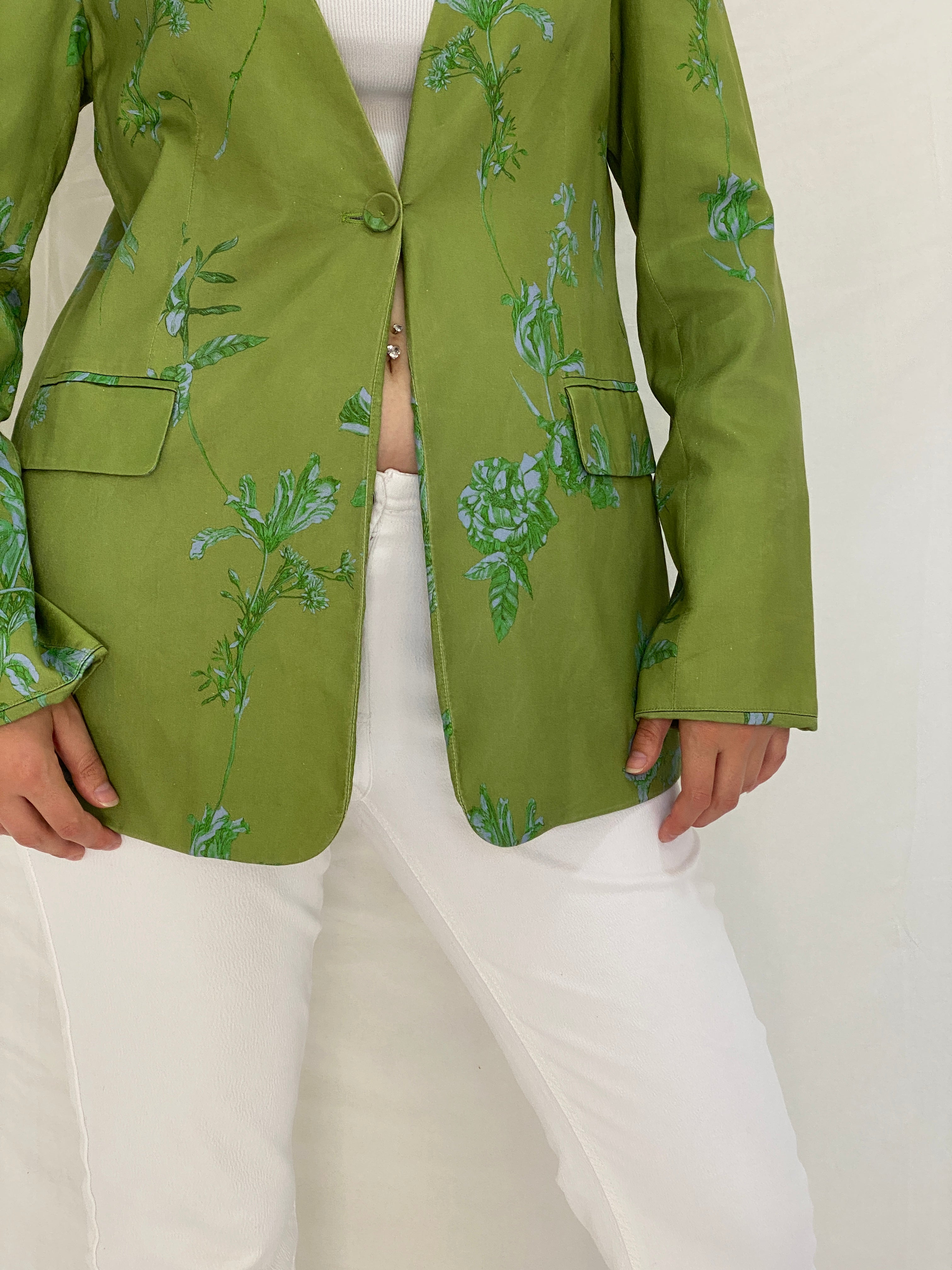 Vintage Y2K Botanical Olive Green & Blue Floral Longline Blazer - L