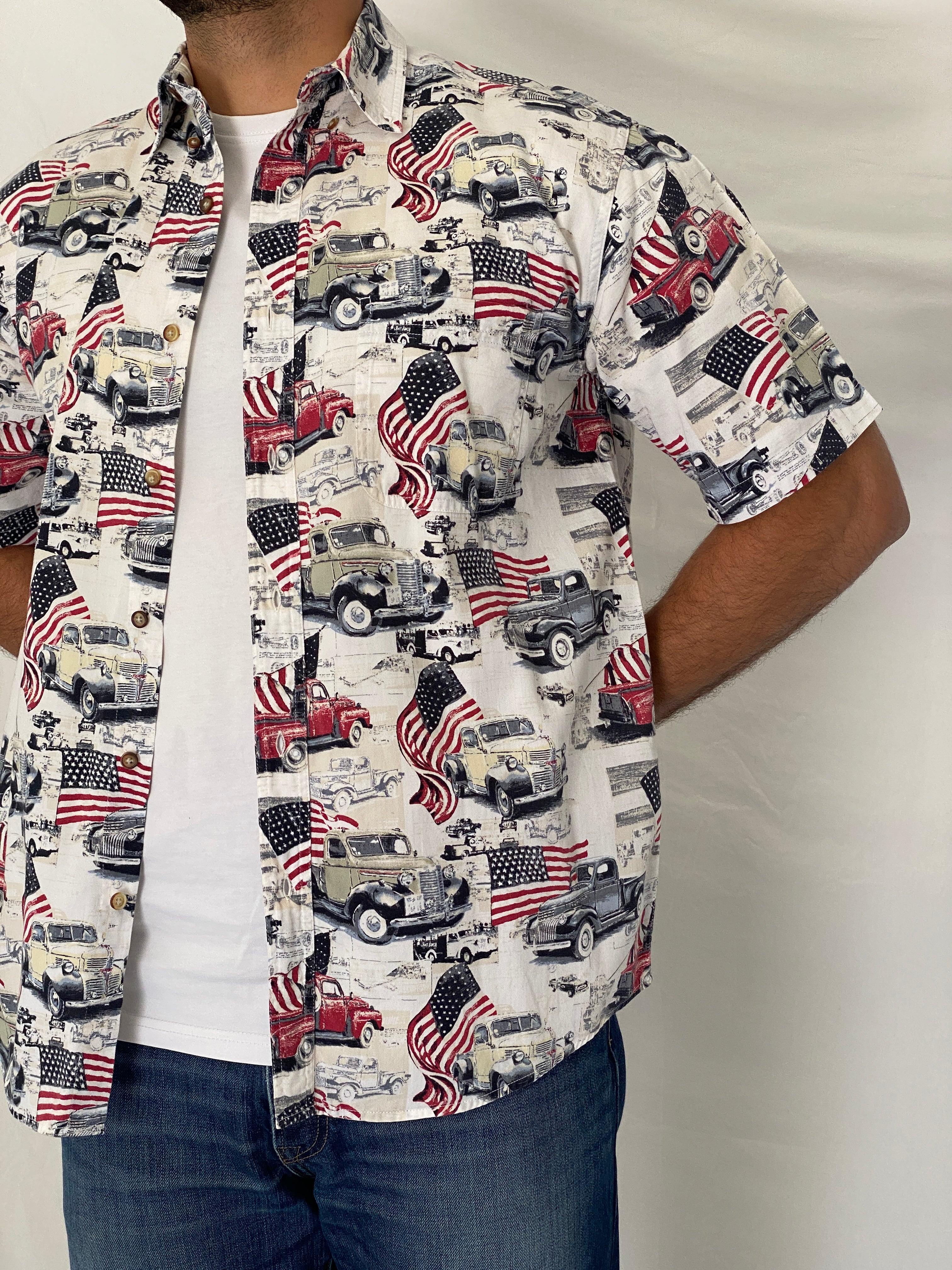 Vintage Boca Classics Americana Classic Cars & USA Flag Print Cotton Button-Down Shirt - L