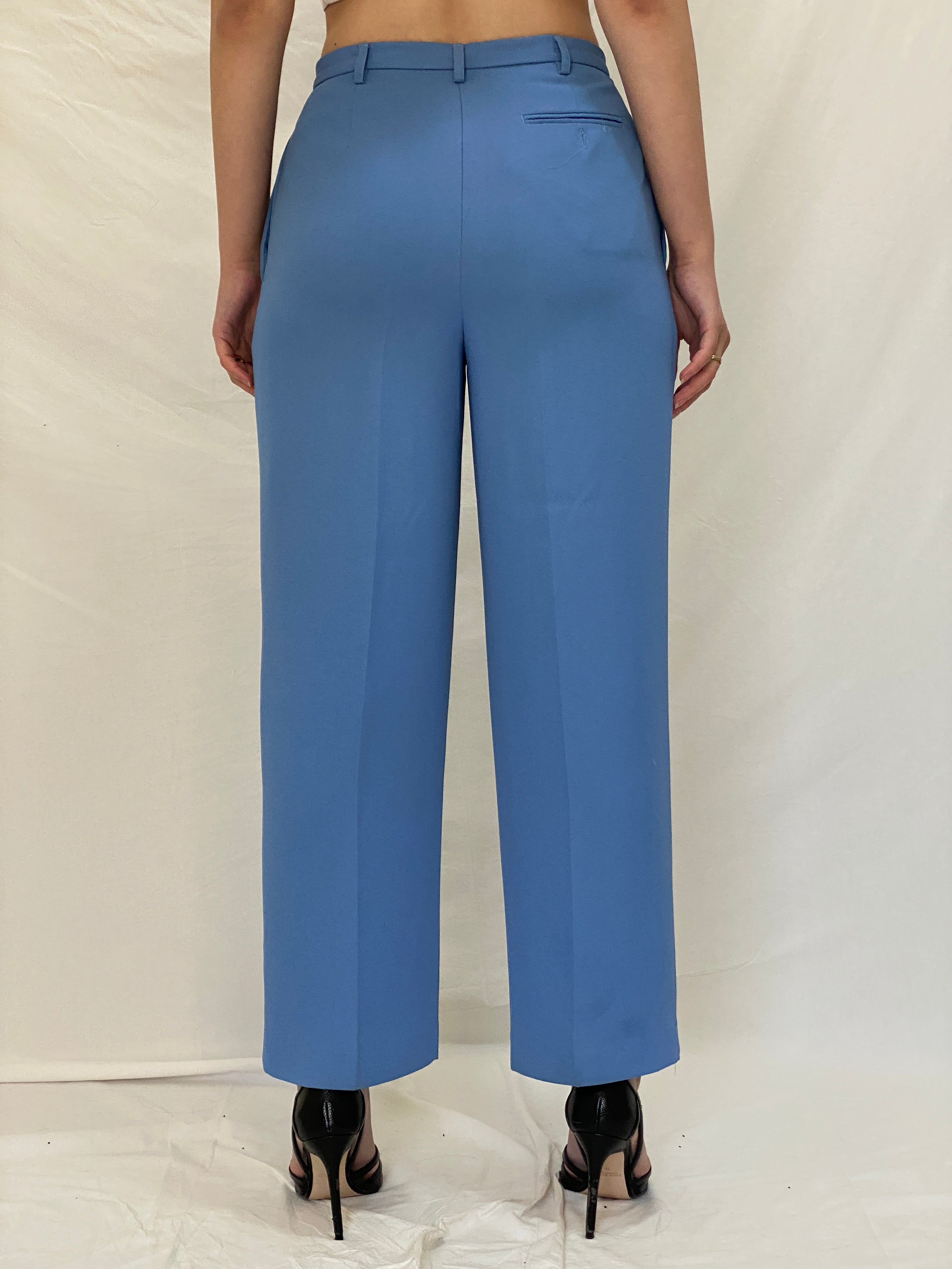 Vintage Karen Scott Petite Tailored Blue Trousers High Waist Straight Leg Office Pants - S